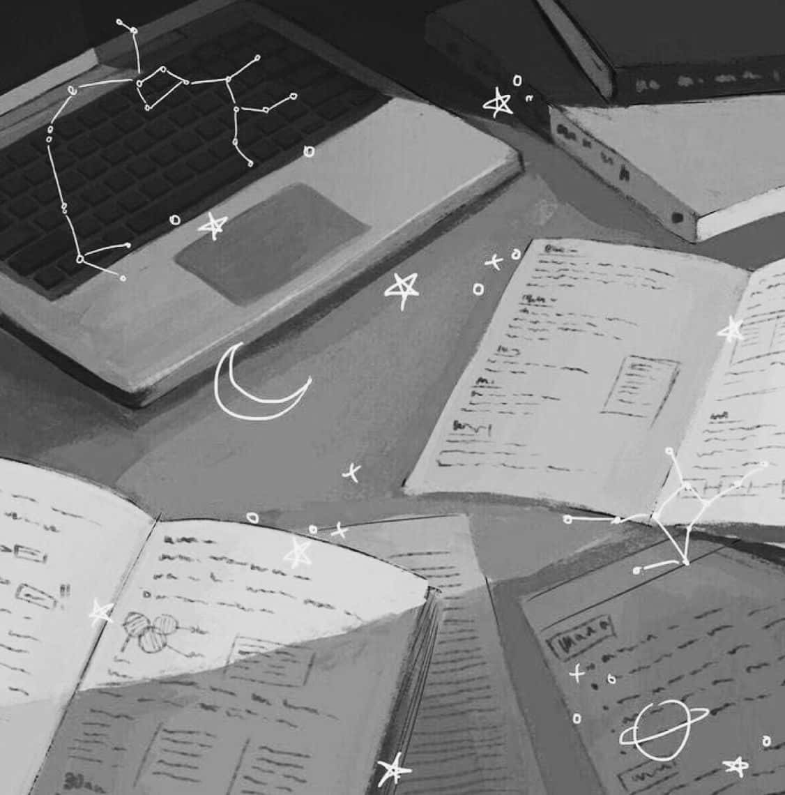 Stars Computer, monochrome, desk scene, SD Phone Wallpaper