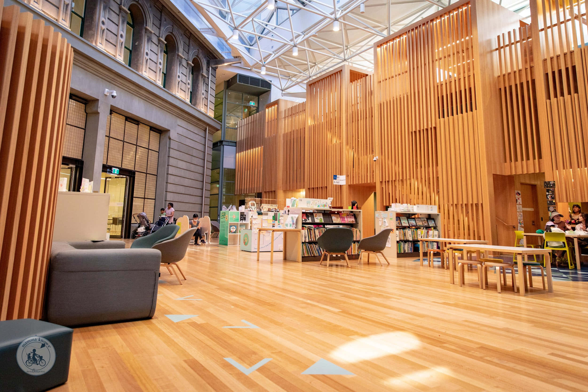 modern library, wooden slat walls, glass ceiling, Full HD Desktop Wallpaper