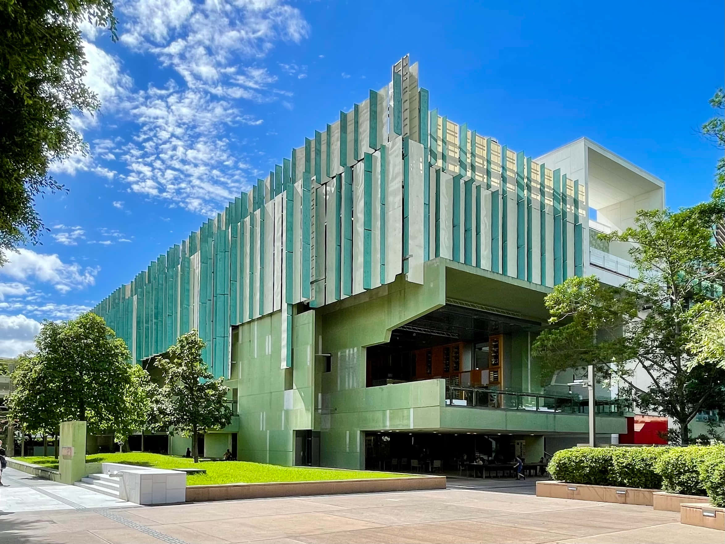 Modern State Library, green building, vertical slats, Full HD Desktop Wallpaper