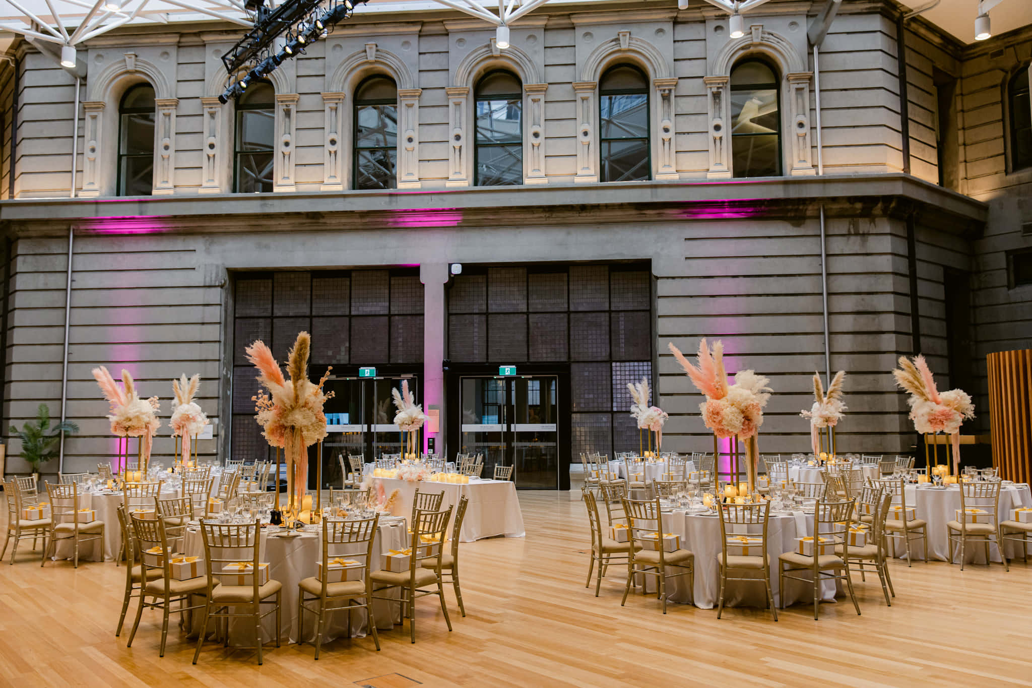 State Library, pampas grass centerpieces, warm ambient lighting, Full HD Desktop Wallpaper