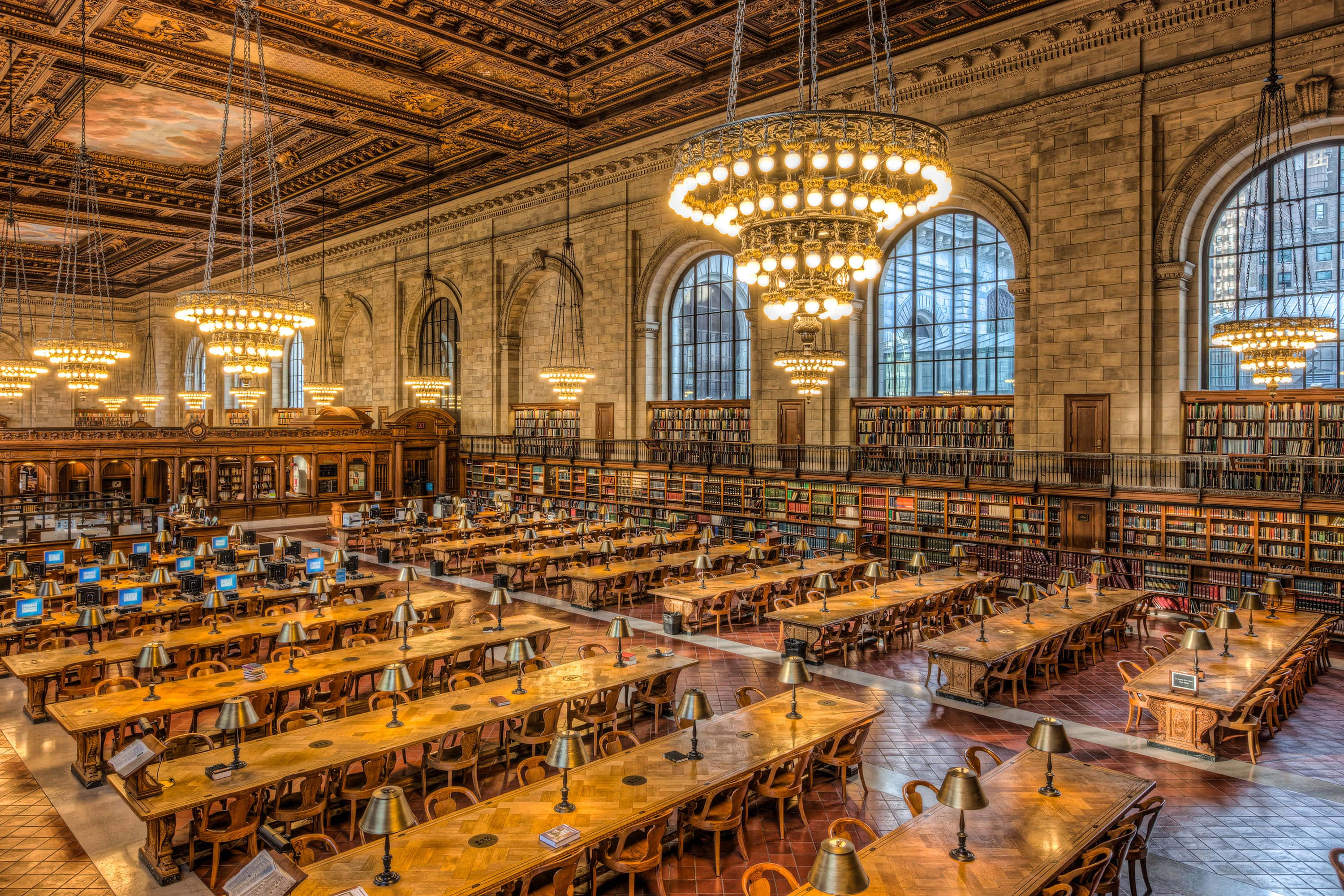 Grand Library Interior, chandeliers, stone arches, 2K Desktop Wallpaper