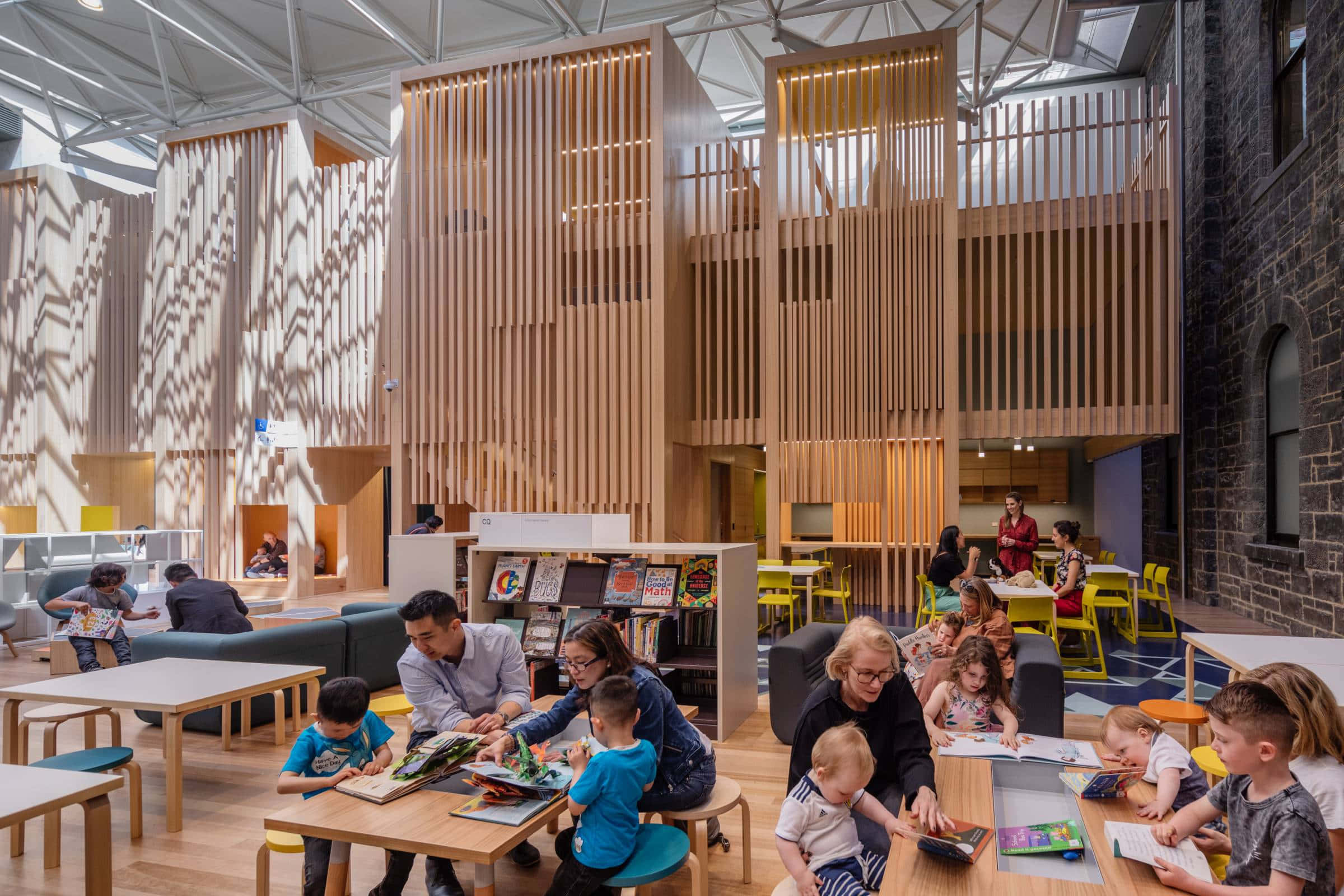 modern library, wooden slat partitions, natural light patterns, Full HD Desktop Wallpaper