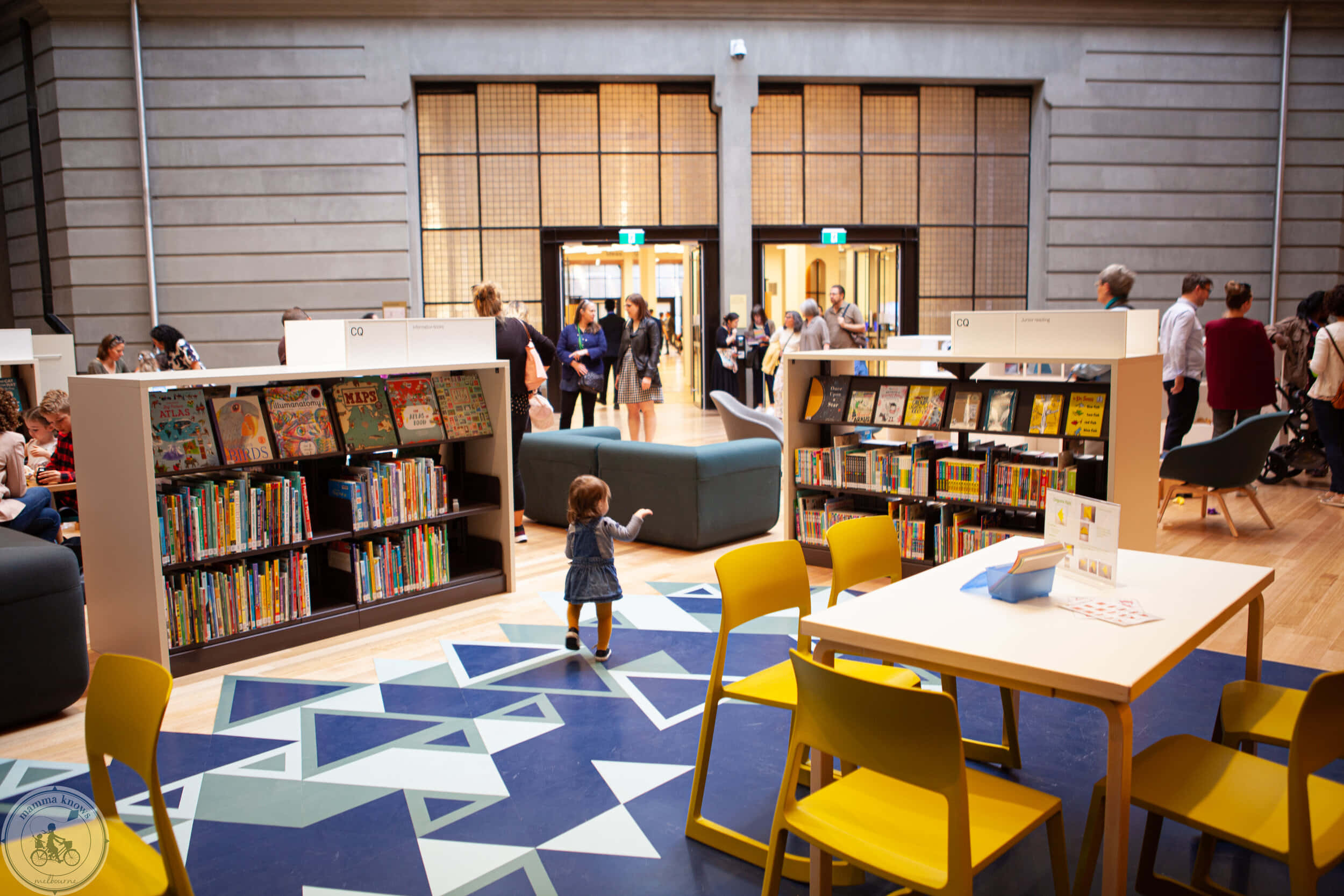 Childrens Section State Library, yellow chairs, geometric blue rug, Full HD Desktop Wallpaper