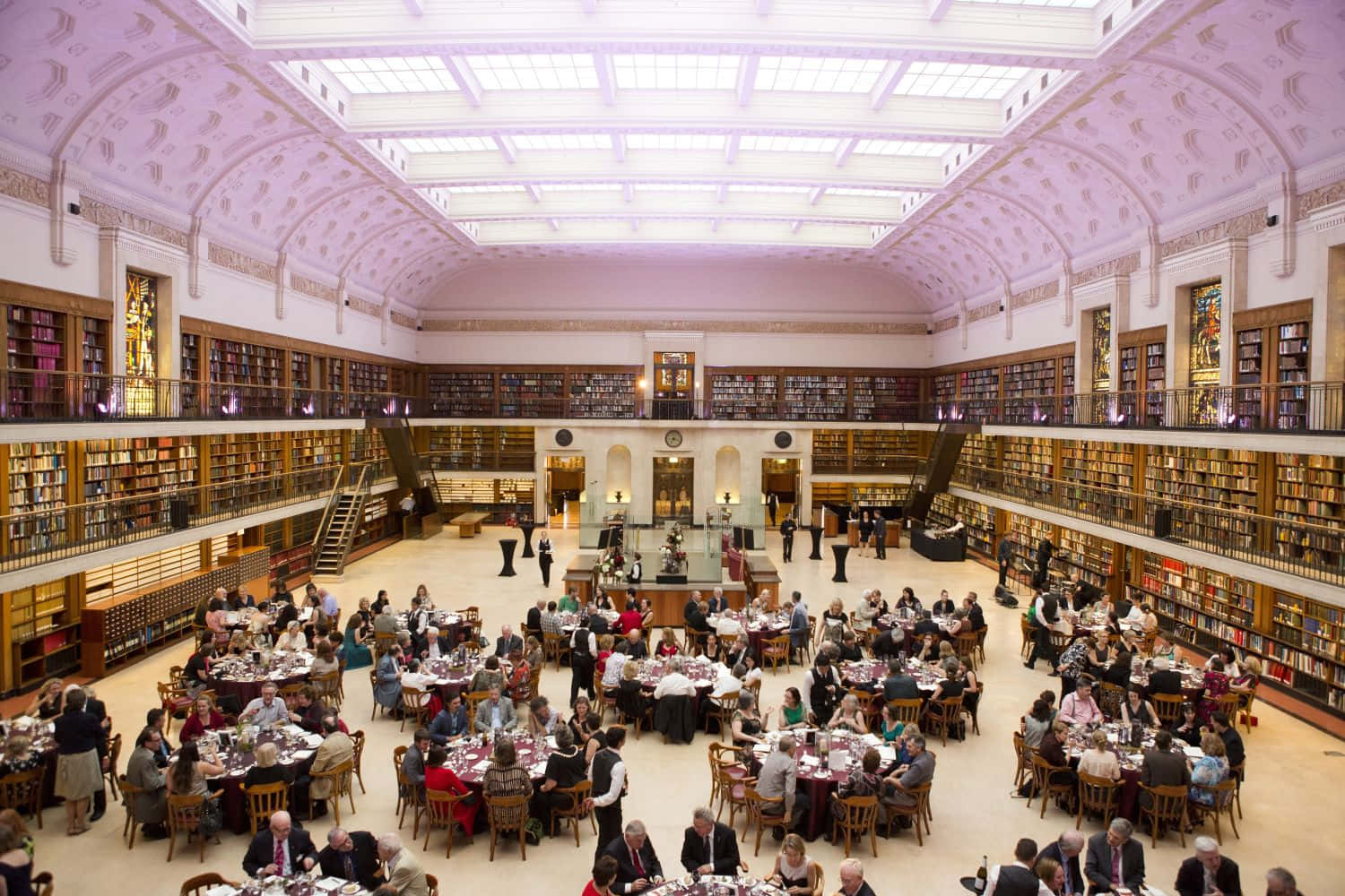Grand library hall, round tables, soaring arched ceiling, HD Desktop Wallpaper
