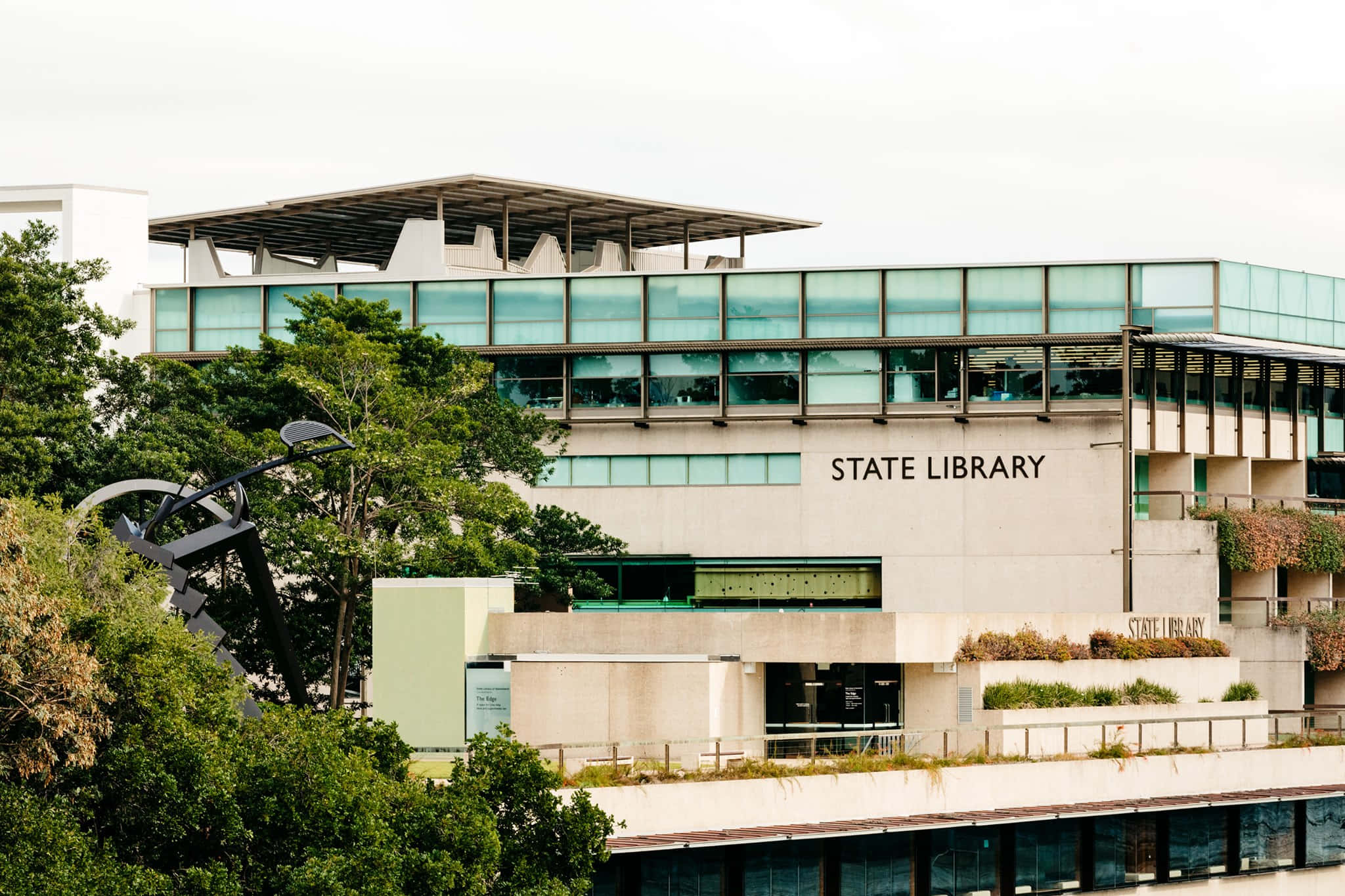 State Library, glass facade, greenery, Full HD Desktop Wallpaper