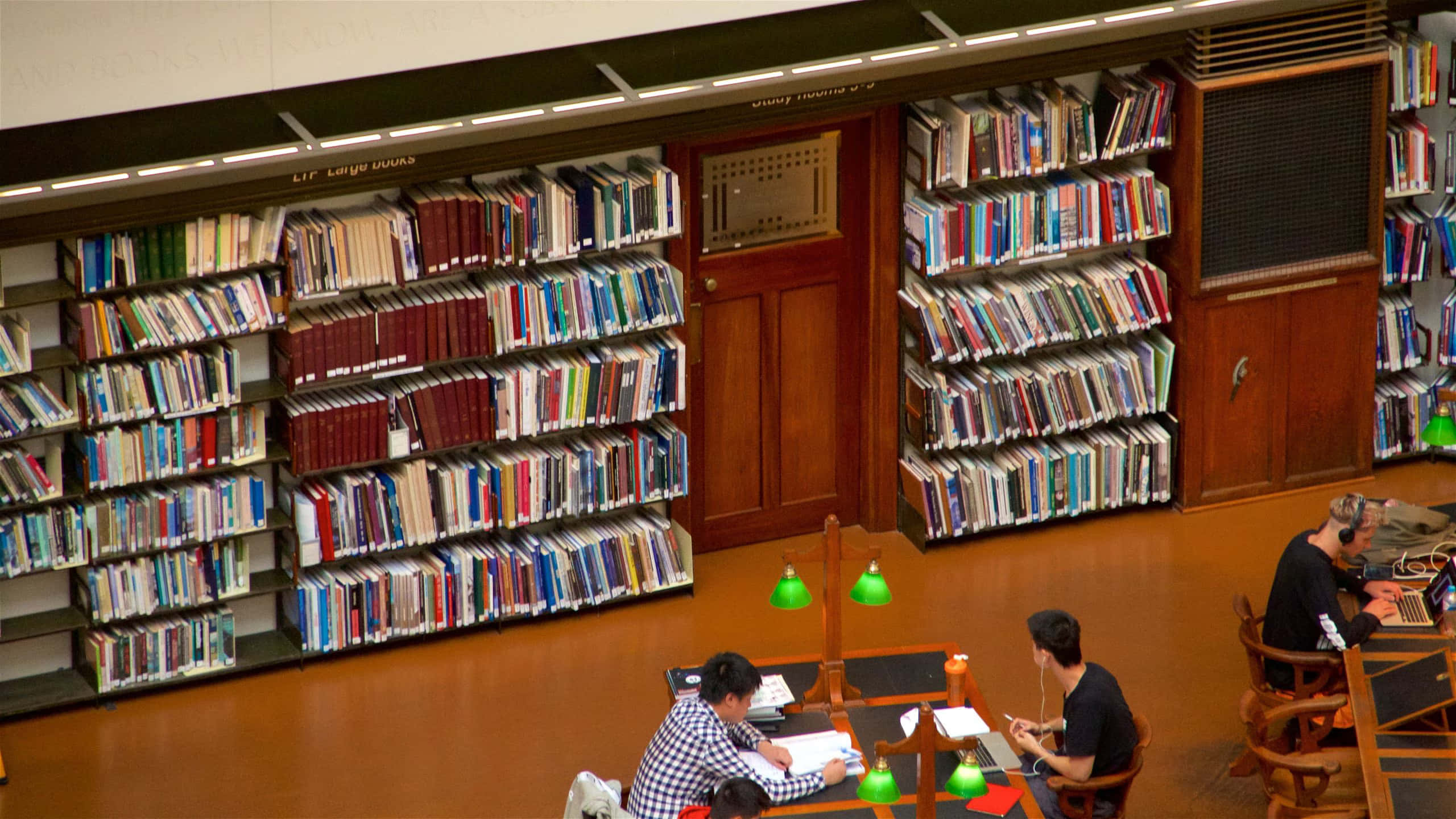 State Library, study area, green lamps, 2K Desktop Wallpaper