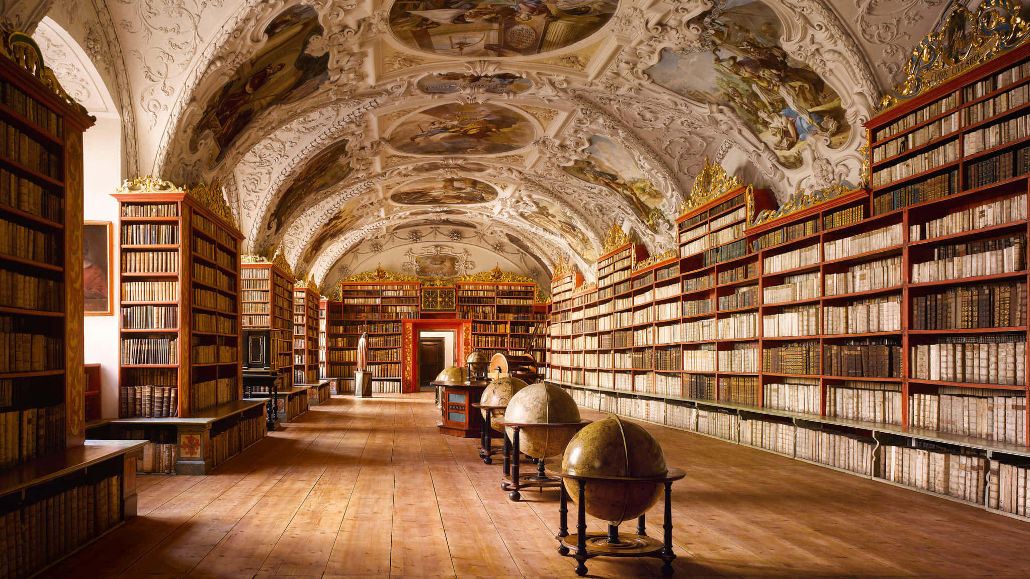 baroque library, ornate ceiling frescoes, towering bookshelves, Full HD Desktop Wallpaper
