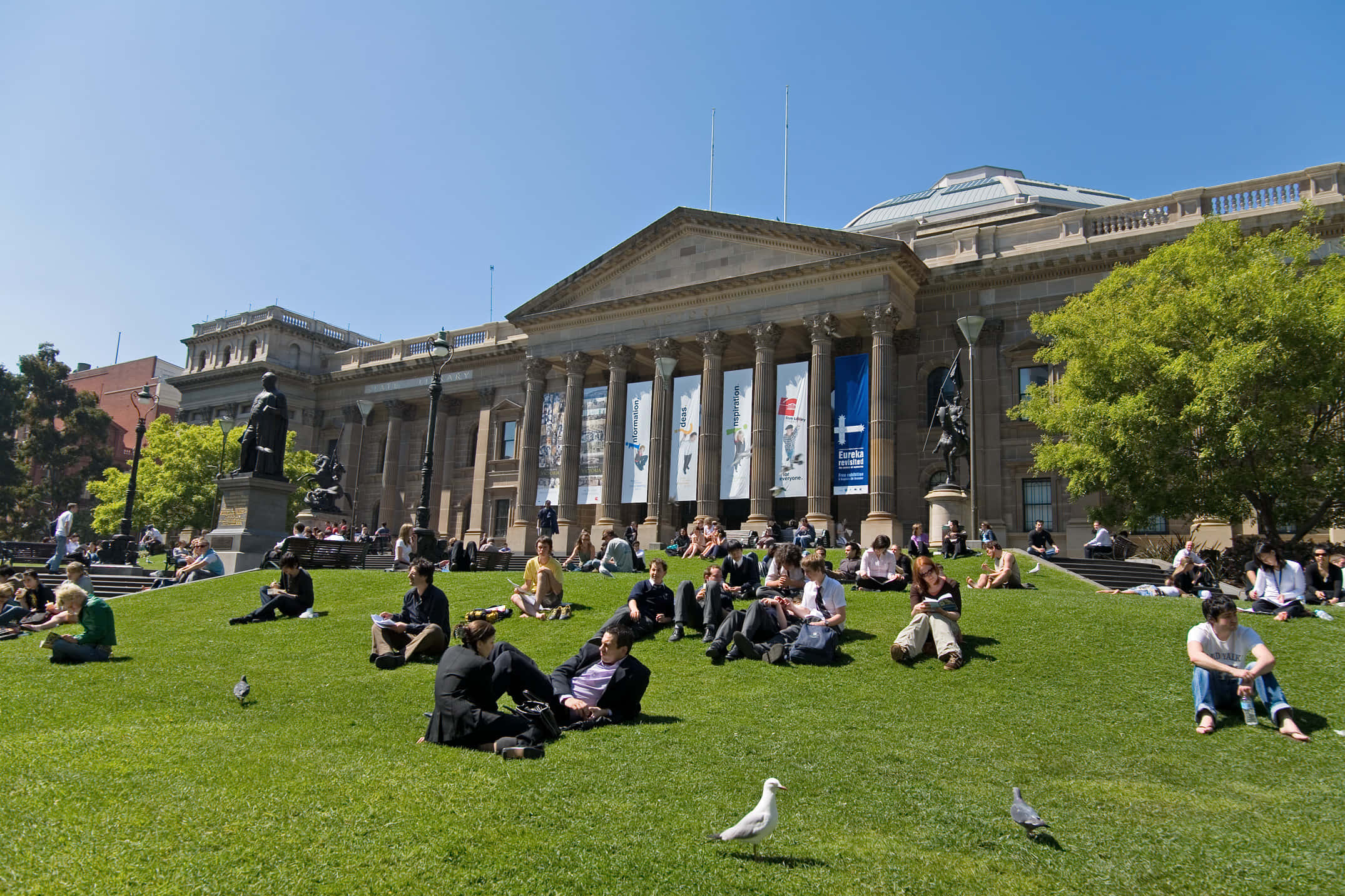 State Library, lawn, neoclassical building, Full HD Desktop Wallpaper