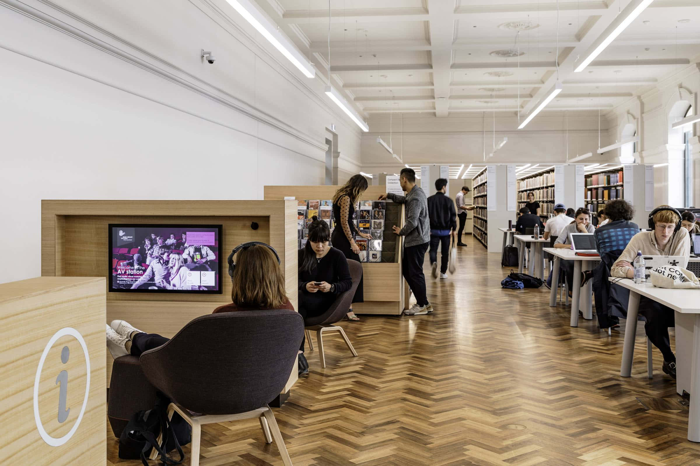 modern state library, herringbone wood floors, long white tables, Full HD Desktop Wallpaper