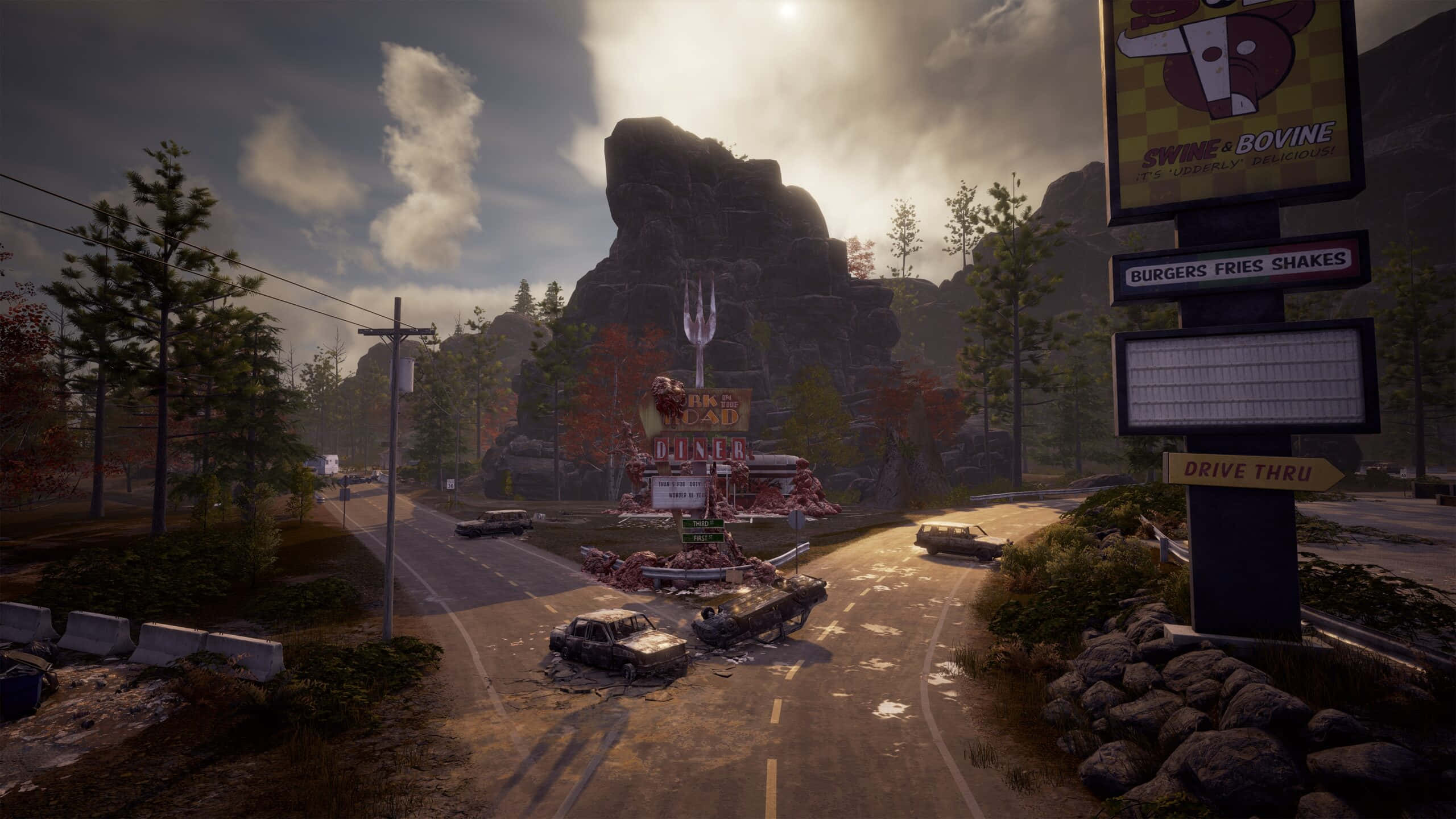 State Of Decay 2, abandoned drive-thru, wrecked cars, 2K Desktop Wallpaper