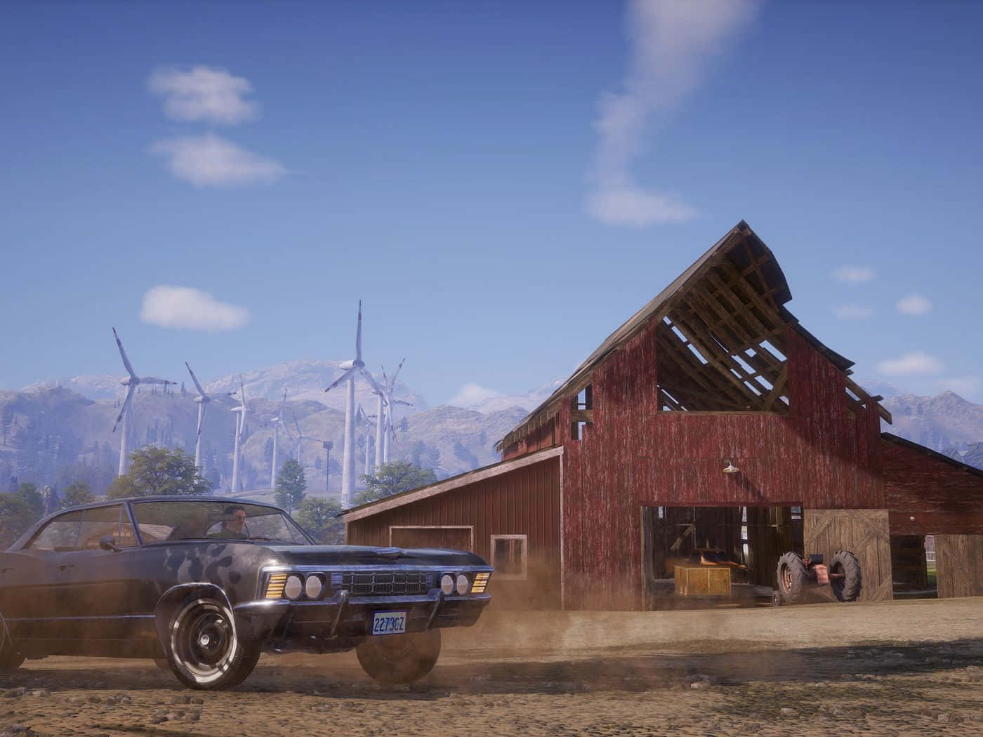 State Of Decay 2, vintage blue muscle car, weathered red barn, HD Desktop Wallpaper