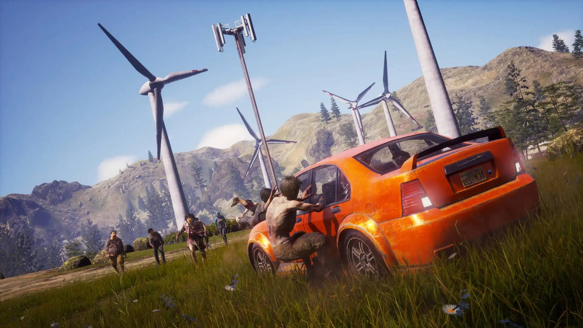 State Of Decay 2, orange car, wind turbines, Full HD Desktop Wallpaper
