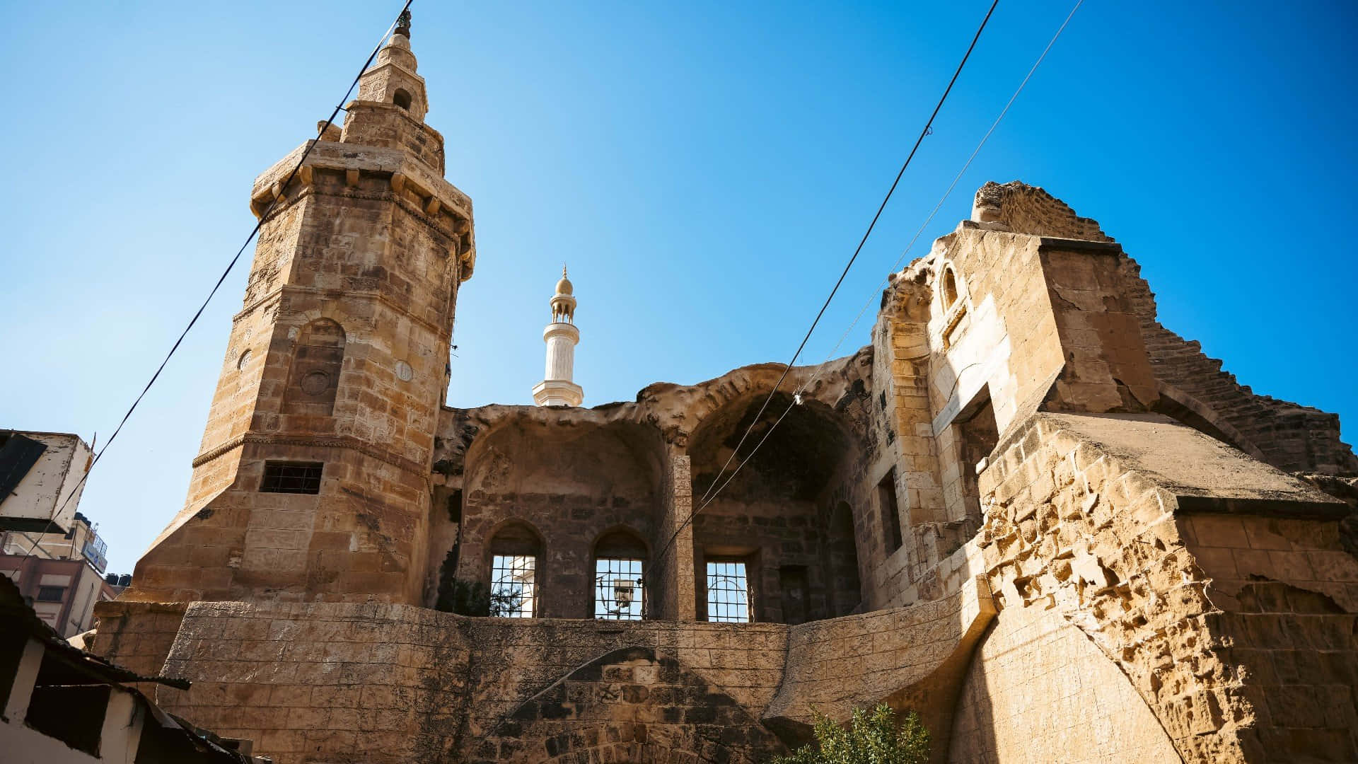 State Of Palestine, ancient stone mosque ruins, intact minaret, Full HD Desktop Wallpaper