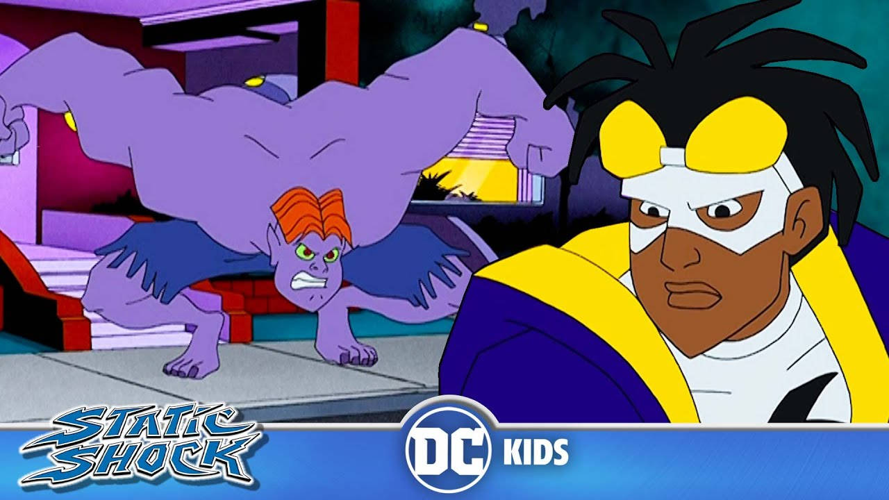 Static Shock, purple muscular villain, vibrant animated DC Kids scene, HD Desktop Wallpaper