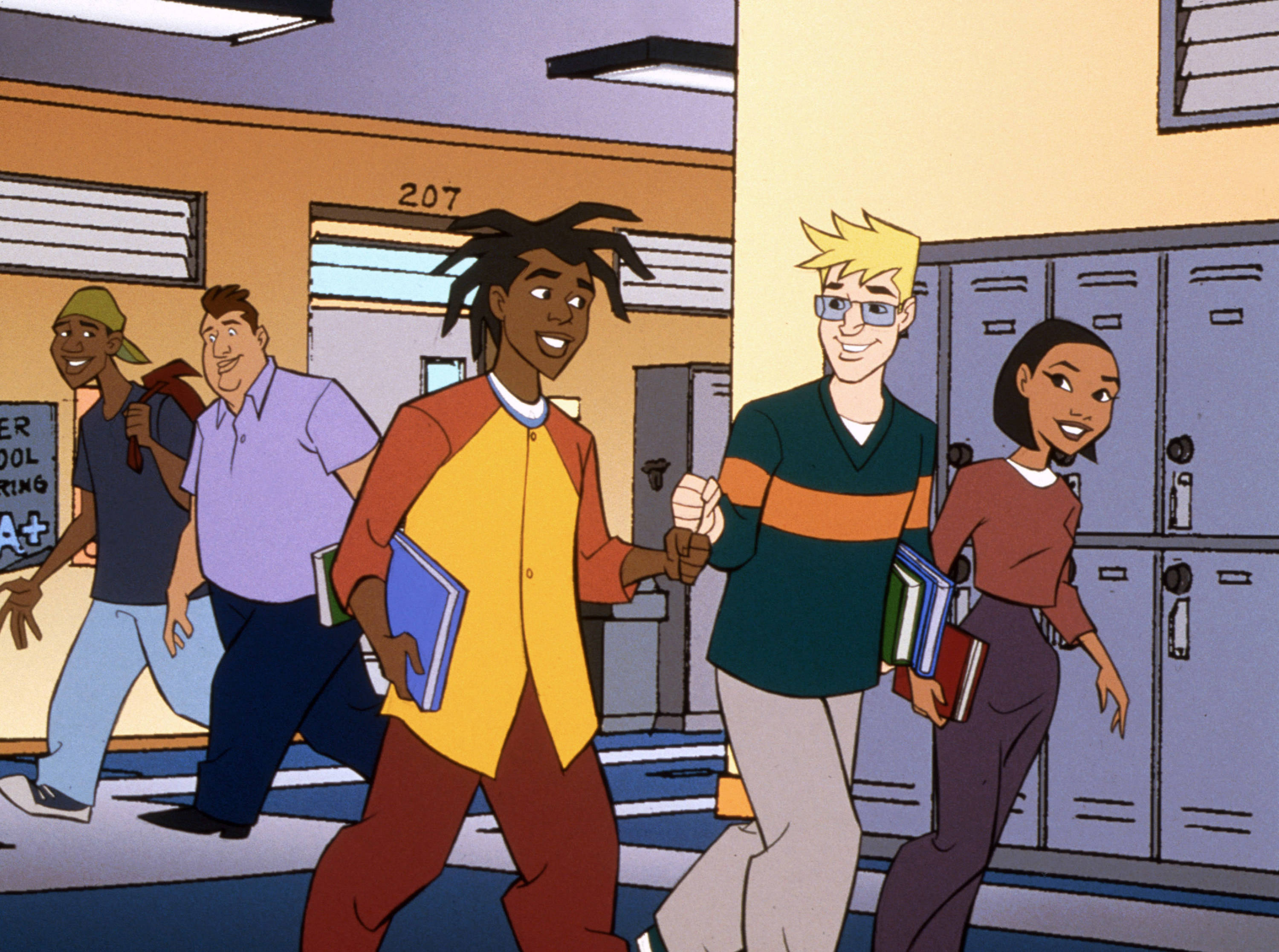 Static Shock, animated teens, school hallway, 2K Desktop Wallpaper