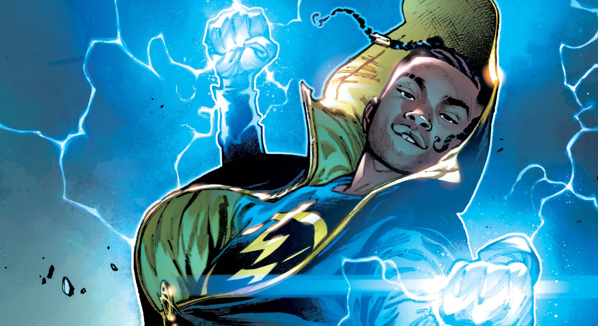 Static Shock, blue and gold suit, glowing fists, Full HD Desktop Wallpaper