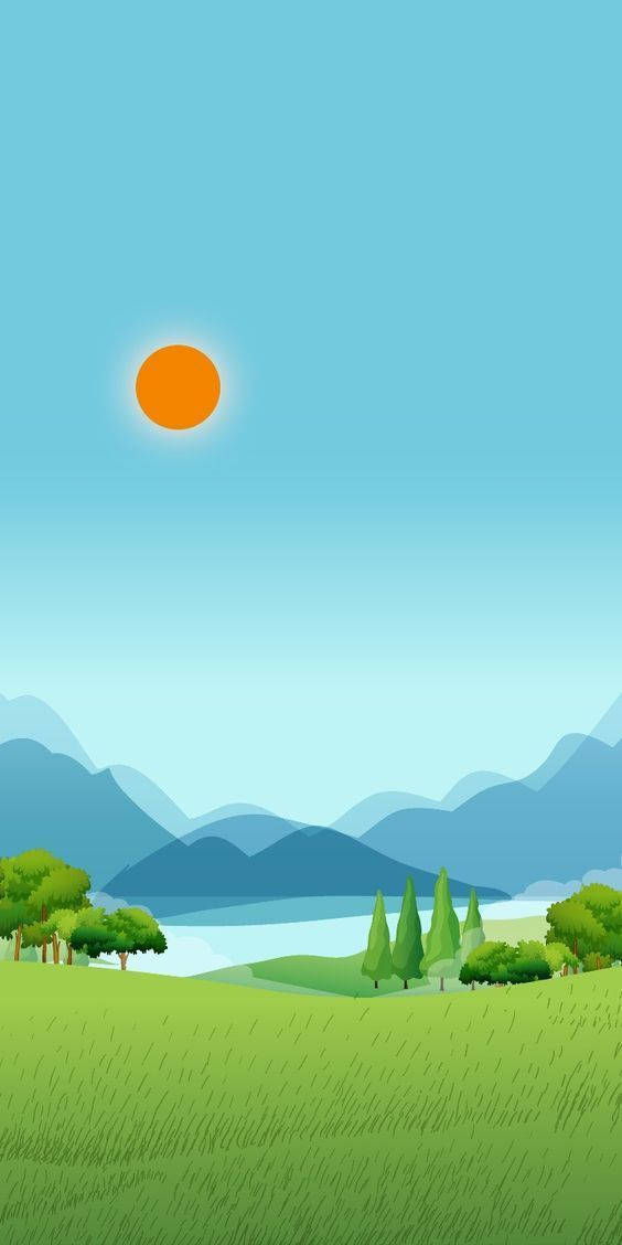 Static, orange sun, sunlit valley, SD Phone Wallpaper