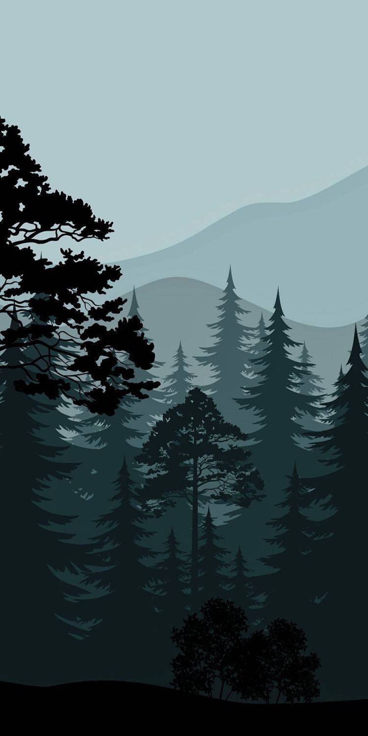 Digital Forest Art, silhouetted pine trees, distant mountains, HD Phone Wallpaper