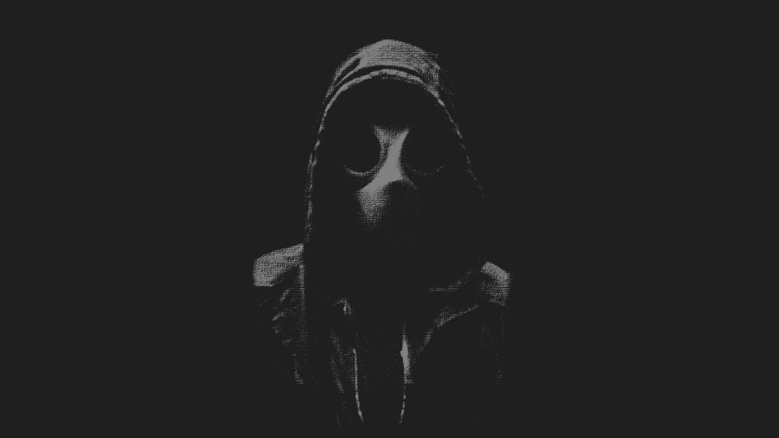 creepy static gas mask, hooded figure, glowing eyes, HD Desktop Wallpaper