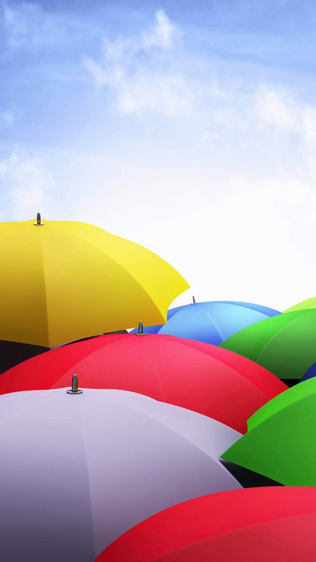 Static, colorful umbrellas, bright blue sky, Full HD Phone Wallpaper