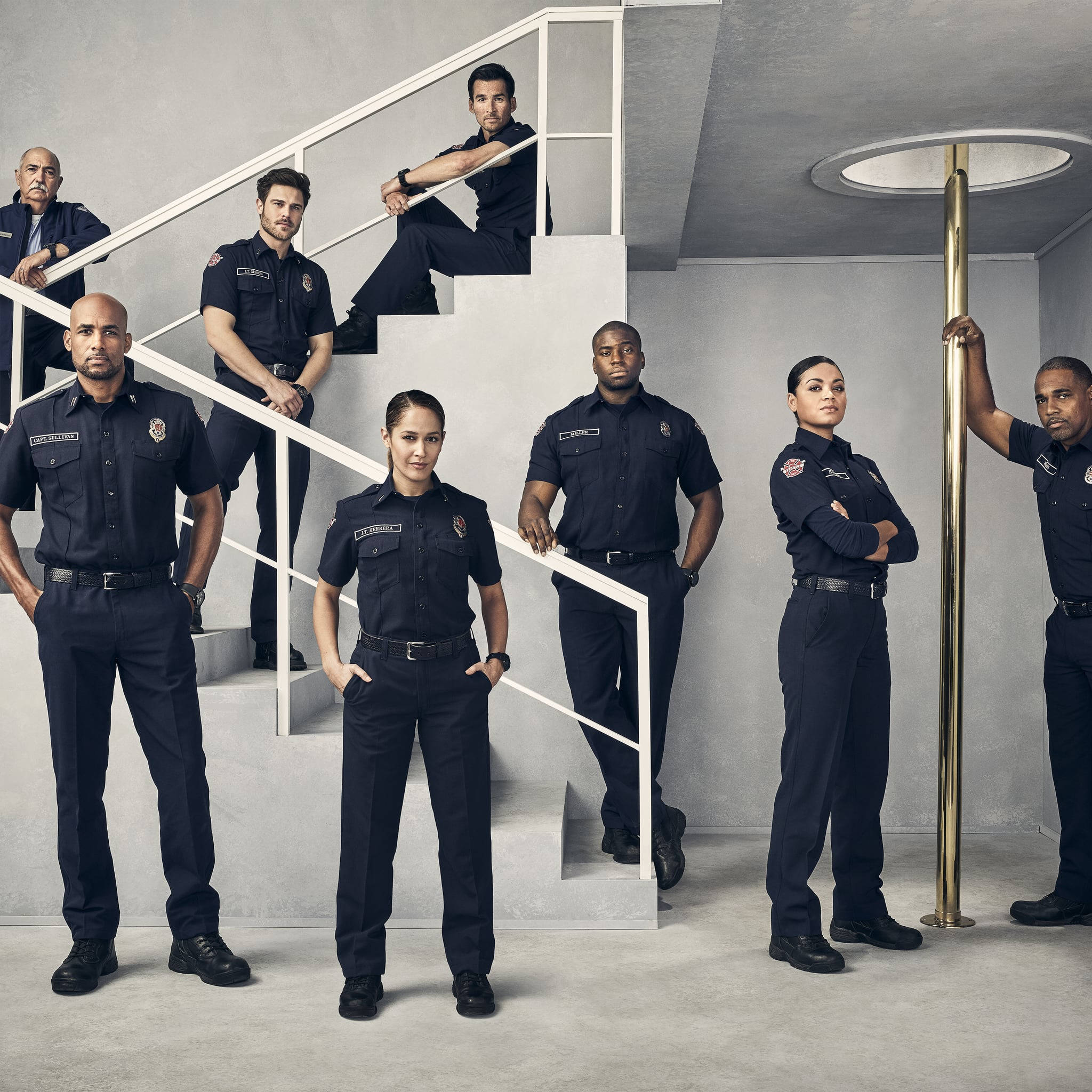 Station 19, dark uniforms, modern white staircase, Full HD Desktop Wallpaper