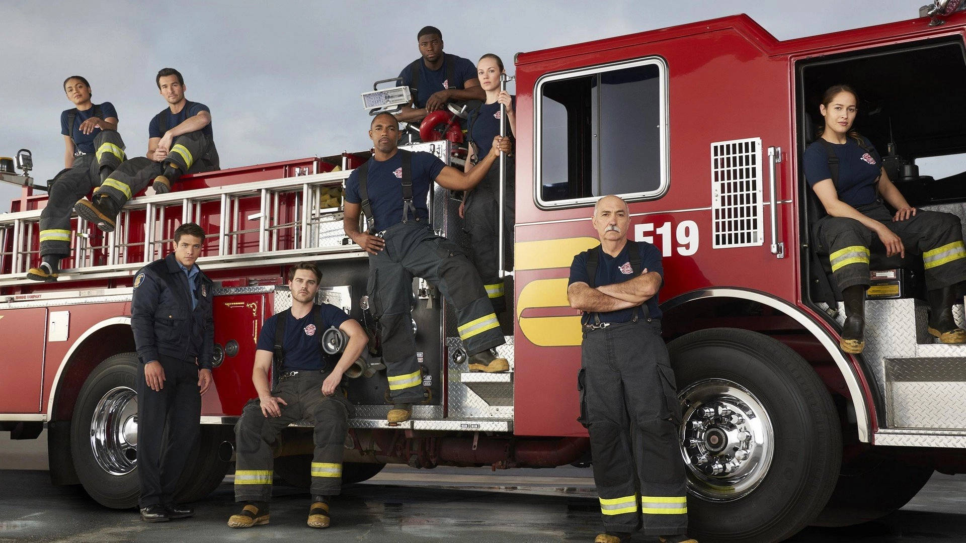 Station 19, red fire truck, overcast sky, Full HD Desktop Wallpaper