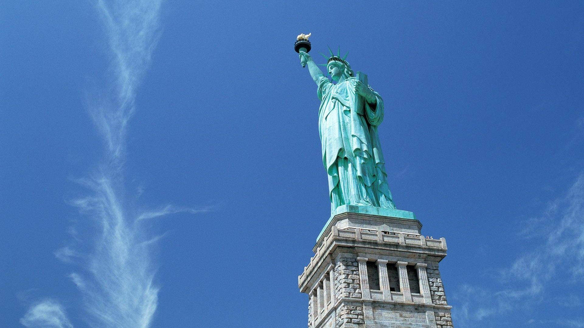 Statue Of Liberty, blue sky, wispy white clouds, Full HD Desktop Wallpaper