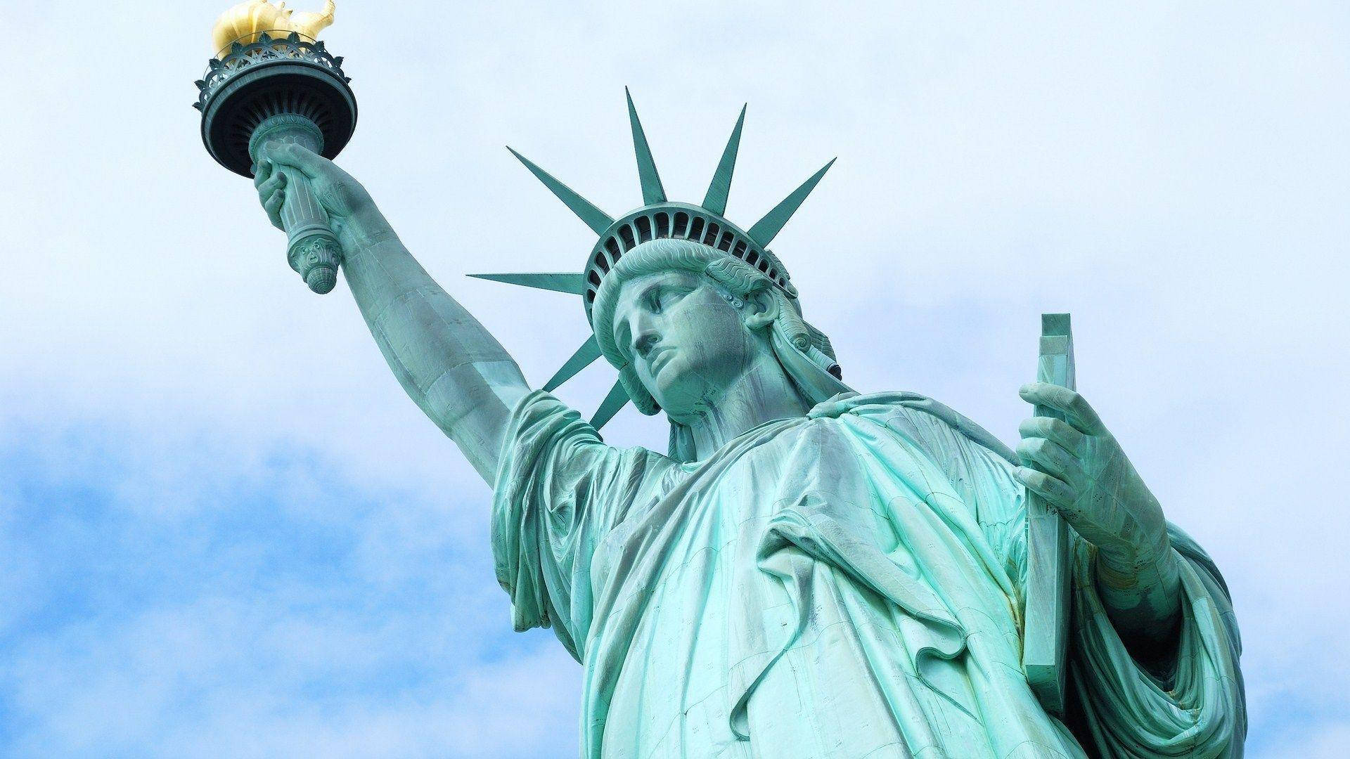 Statue Of Liberty, blue-green, partly cloudy sky, Full HD Desktop Wallpaper