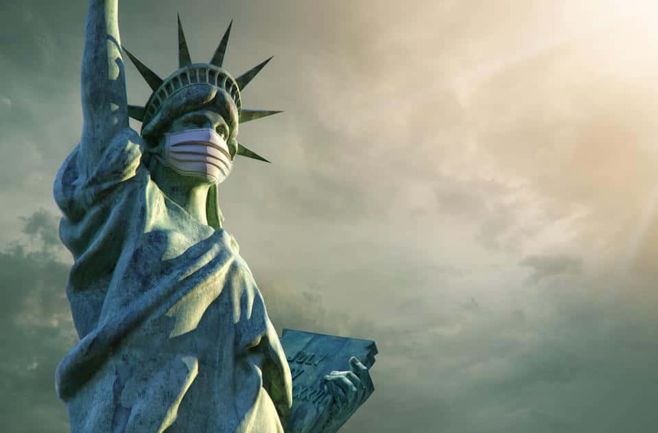 Statue Of Liberty, face mask, cloudy sky, SD Desktop Wallpaper