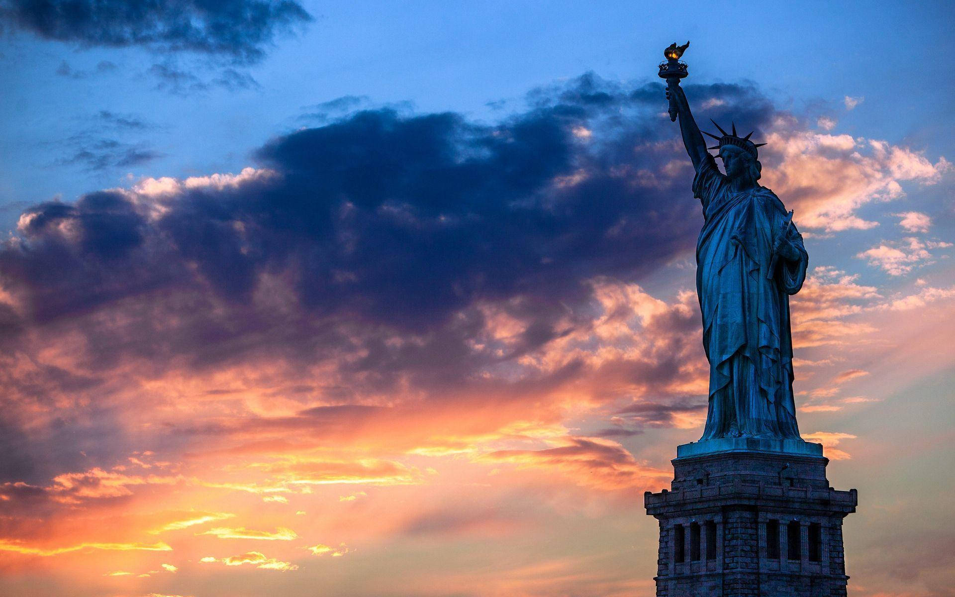 Statue Of Liberty, sunset, fiery orange clouds, Full HD Desktop Wallpaper