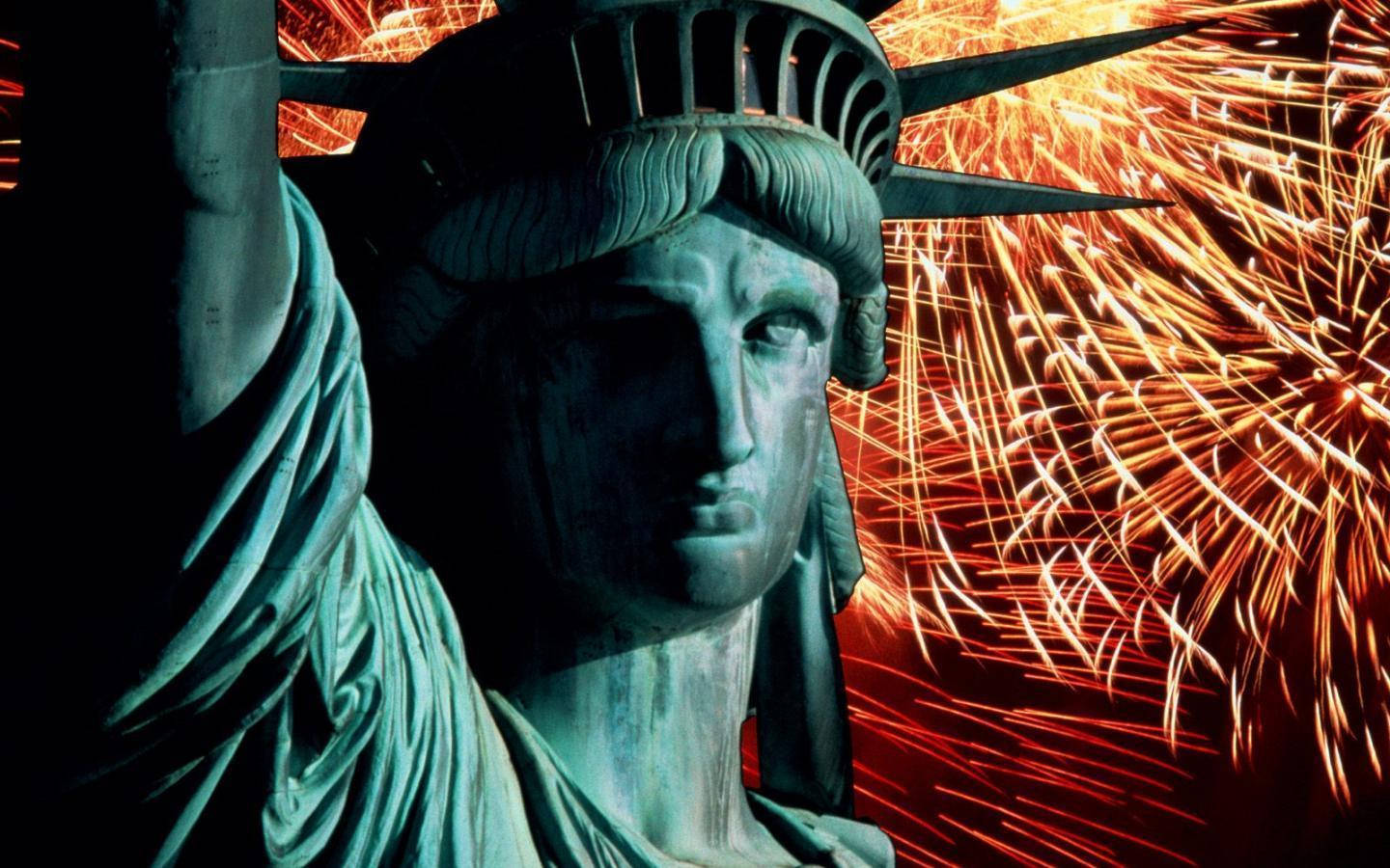 Statue Of Liberty, fireworks, orange, HD Desktop Wallpaper