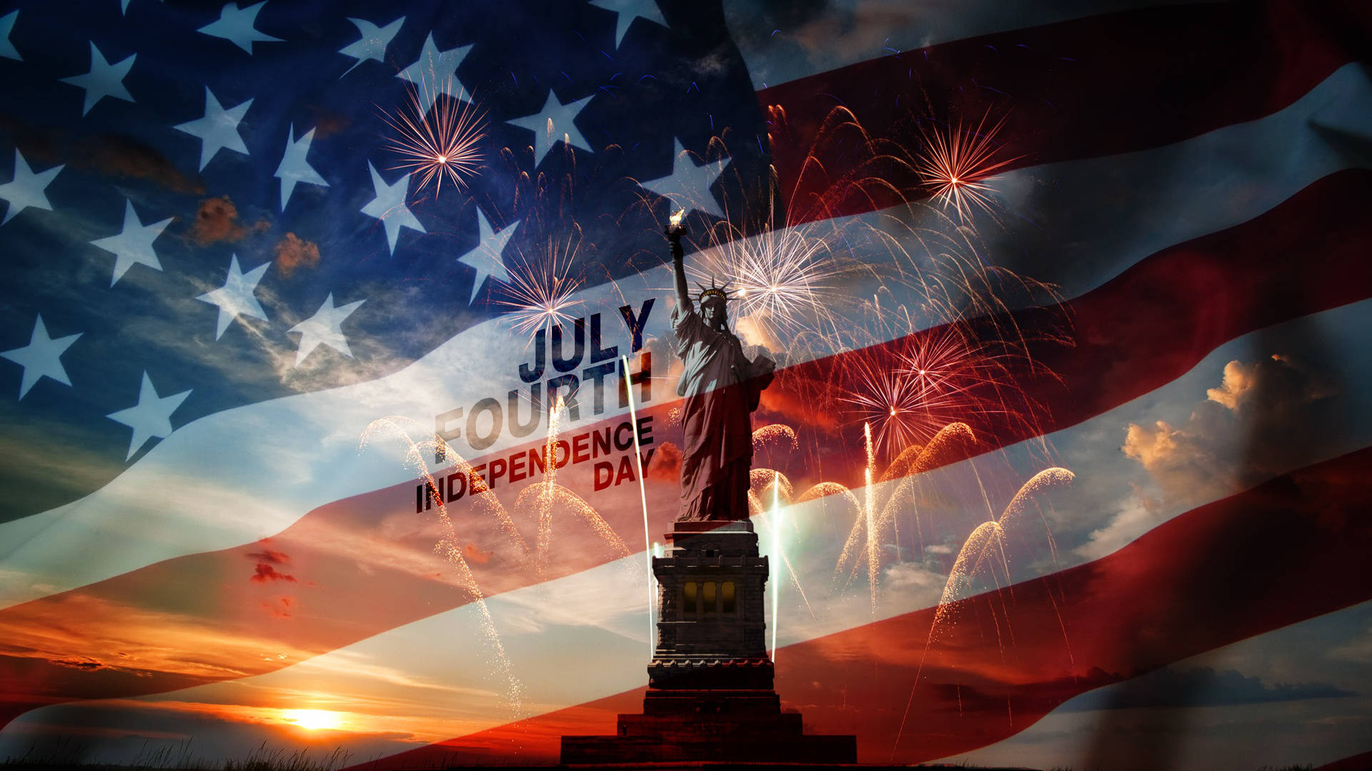 Statue Of Liberty, fireworks, sunset sky, Full HD Desktop Wallpaper