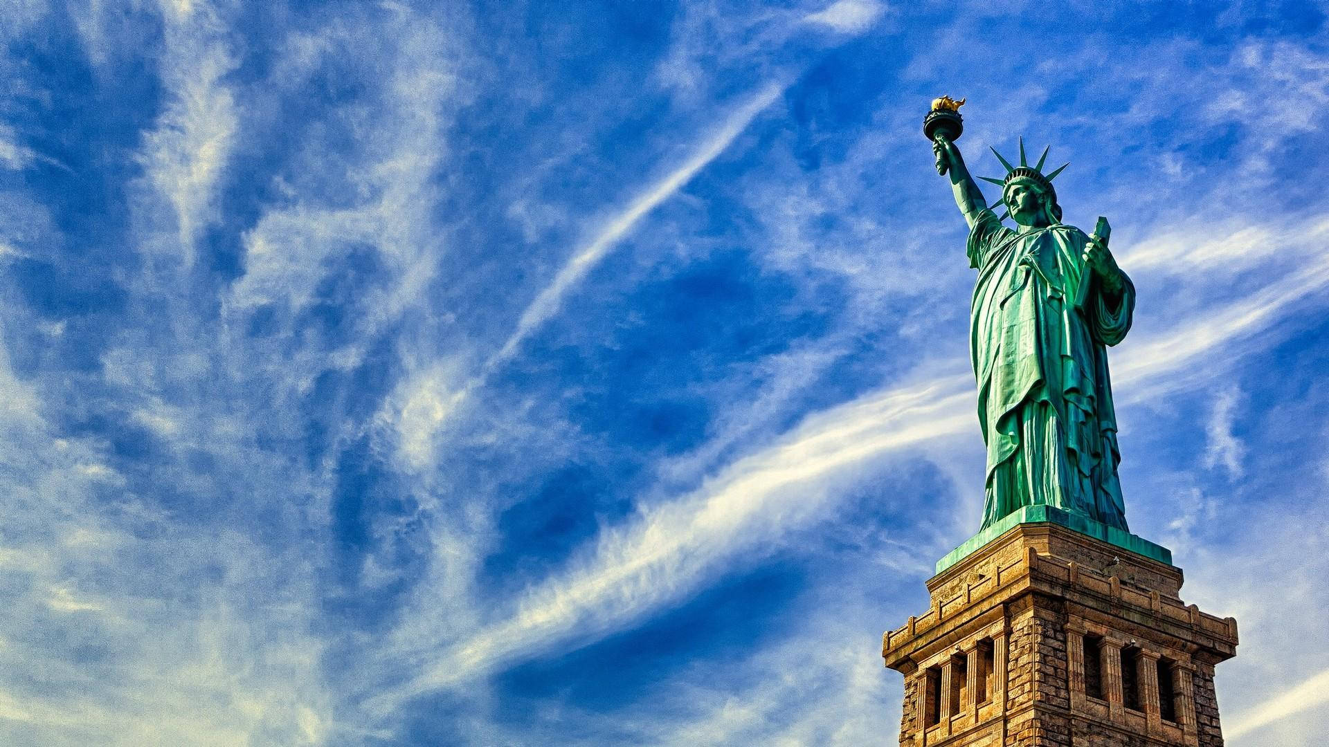 Statue Of Liberty, vibrant blue sky, wispy white clouds, Full HD Desktop Wallpaper