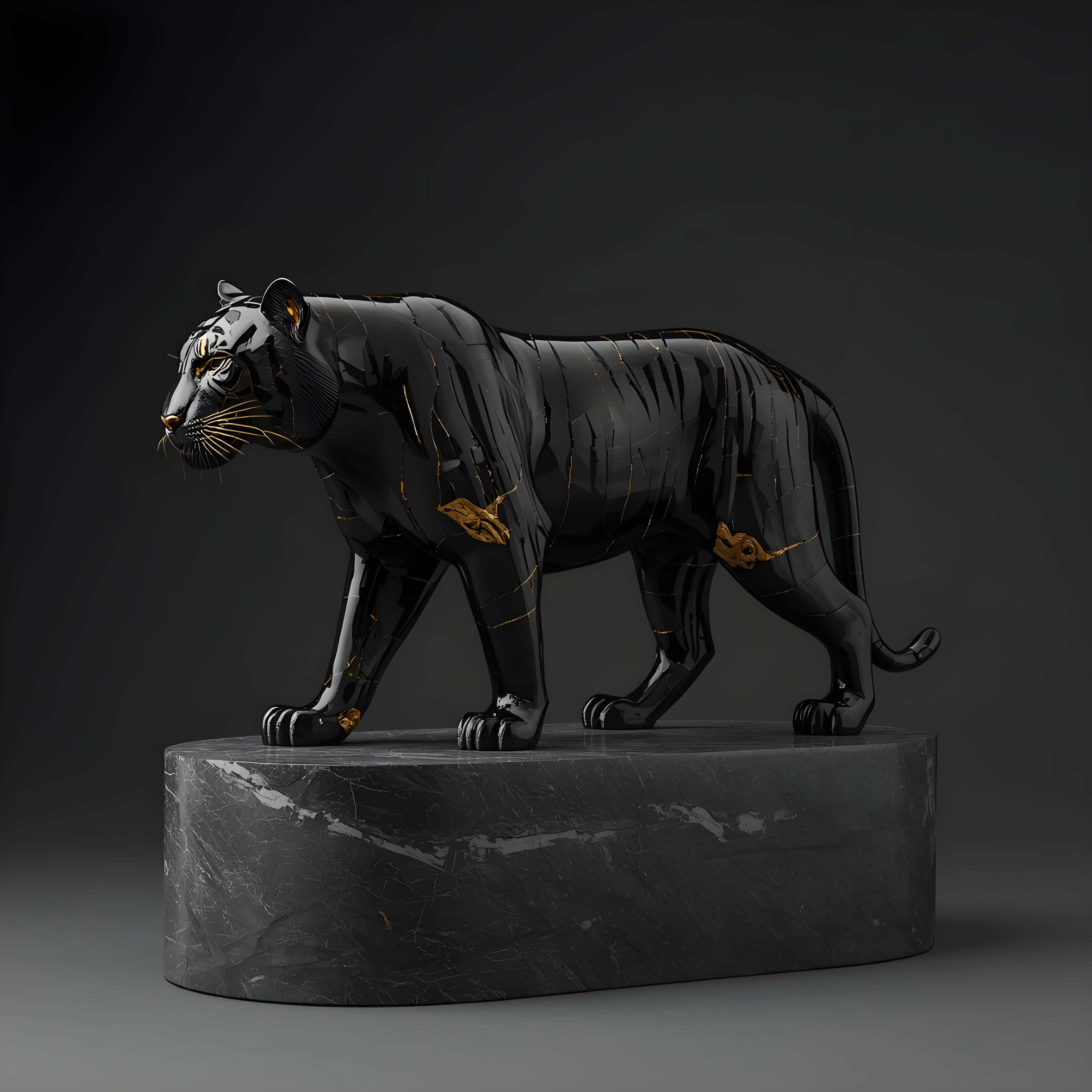 black tiger sculpture, gold accents, dark marble pedestal, 4K Desktop Wallpaper