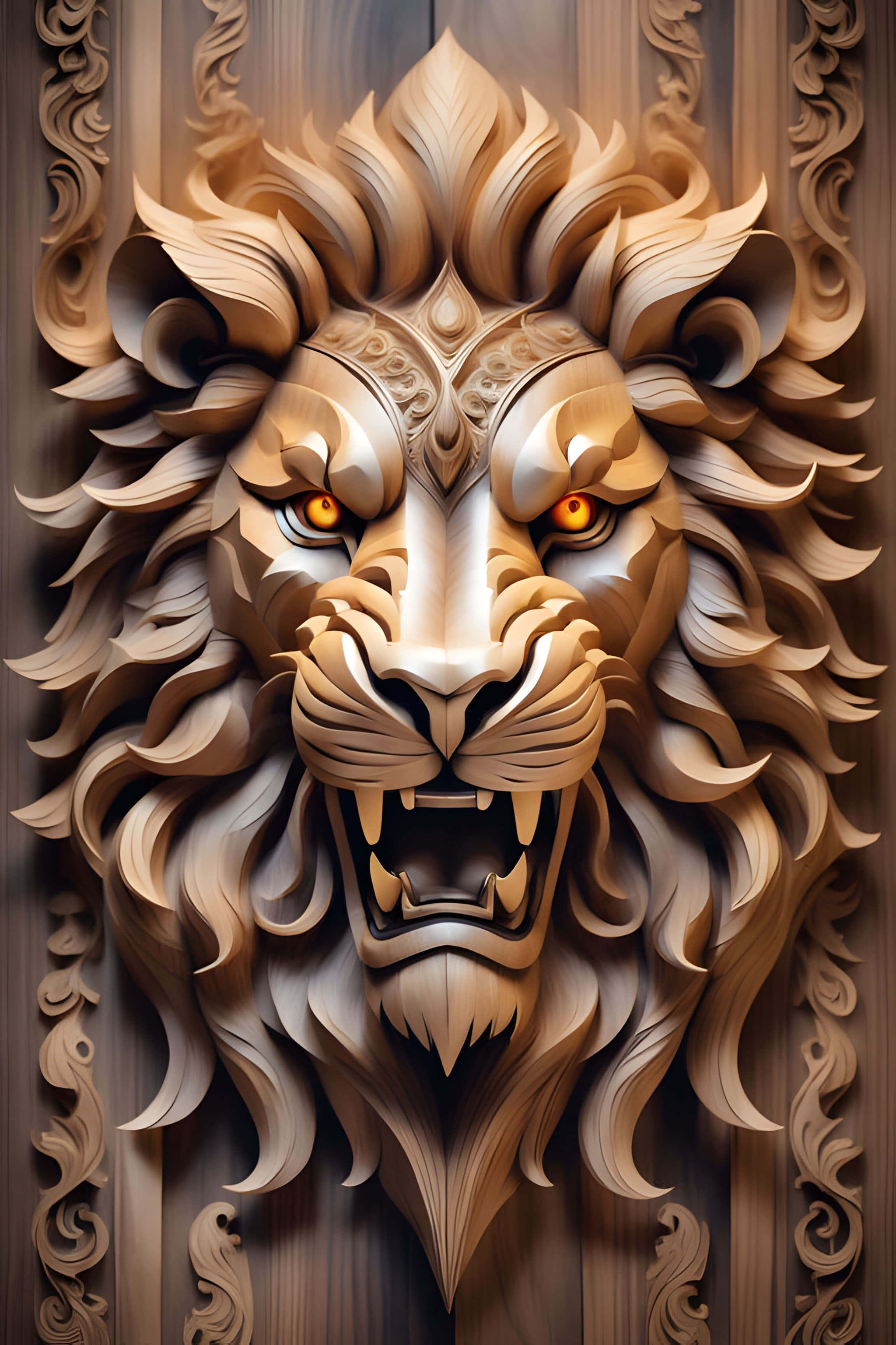ornate golden lion sculpture, wood background, glowing amber eyes, 2K Phone Wallpaper