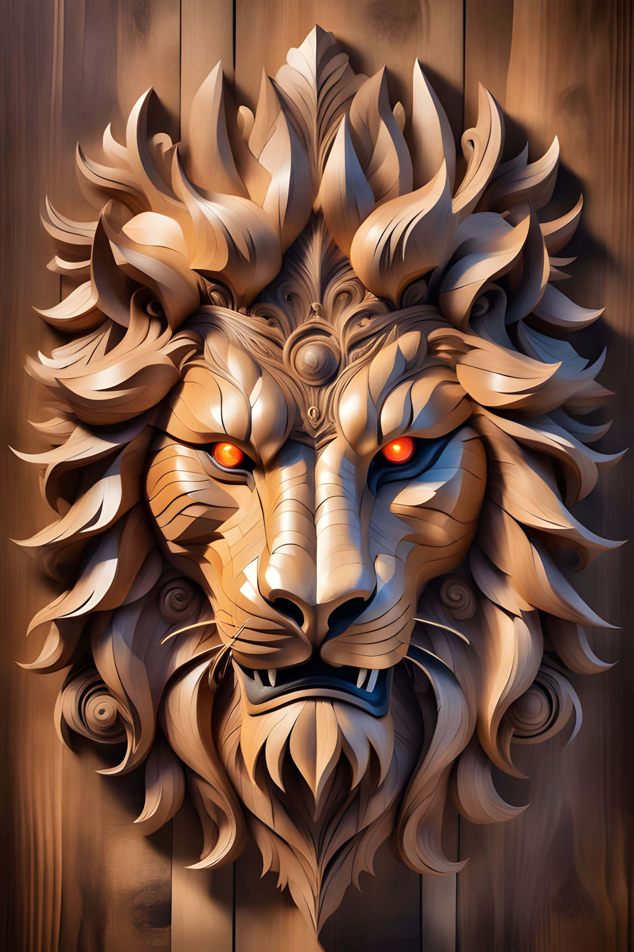 ornate golden lion sculpture, wood background, glowing orange eyes, 2K Phone Wallpaper