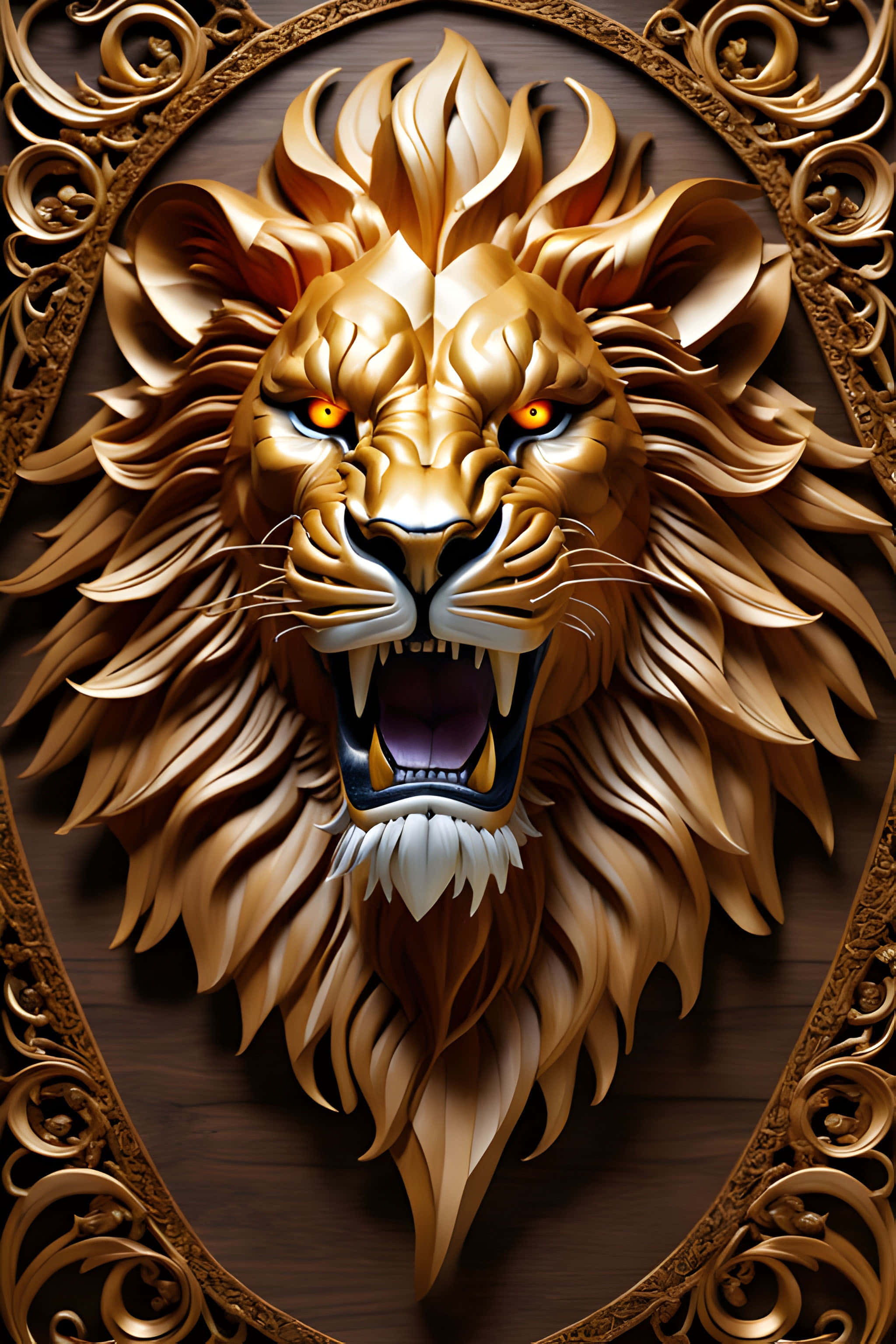 ornate golden lion sculpture, glowing orange eyes, white beard, 2K Phone Wallpaper