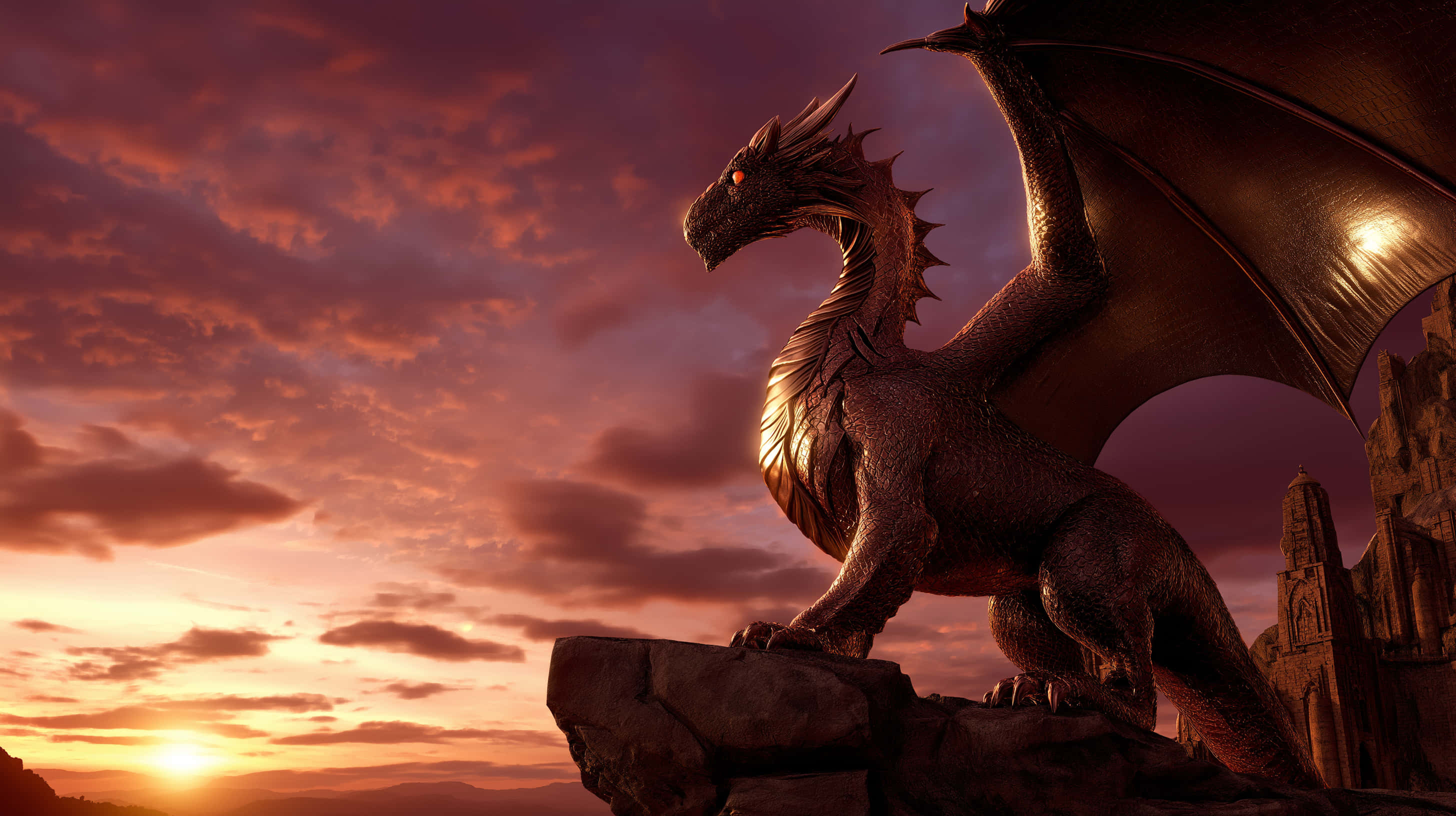 bronze dragon, craggy peak, sunset, 2K Desktop Wallpaper