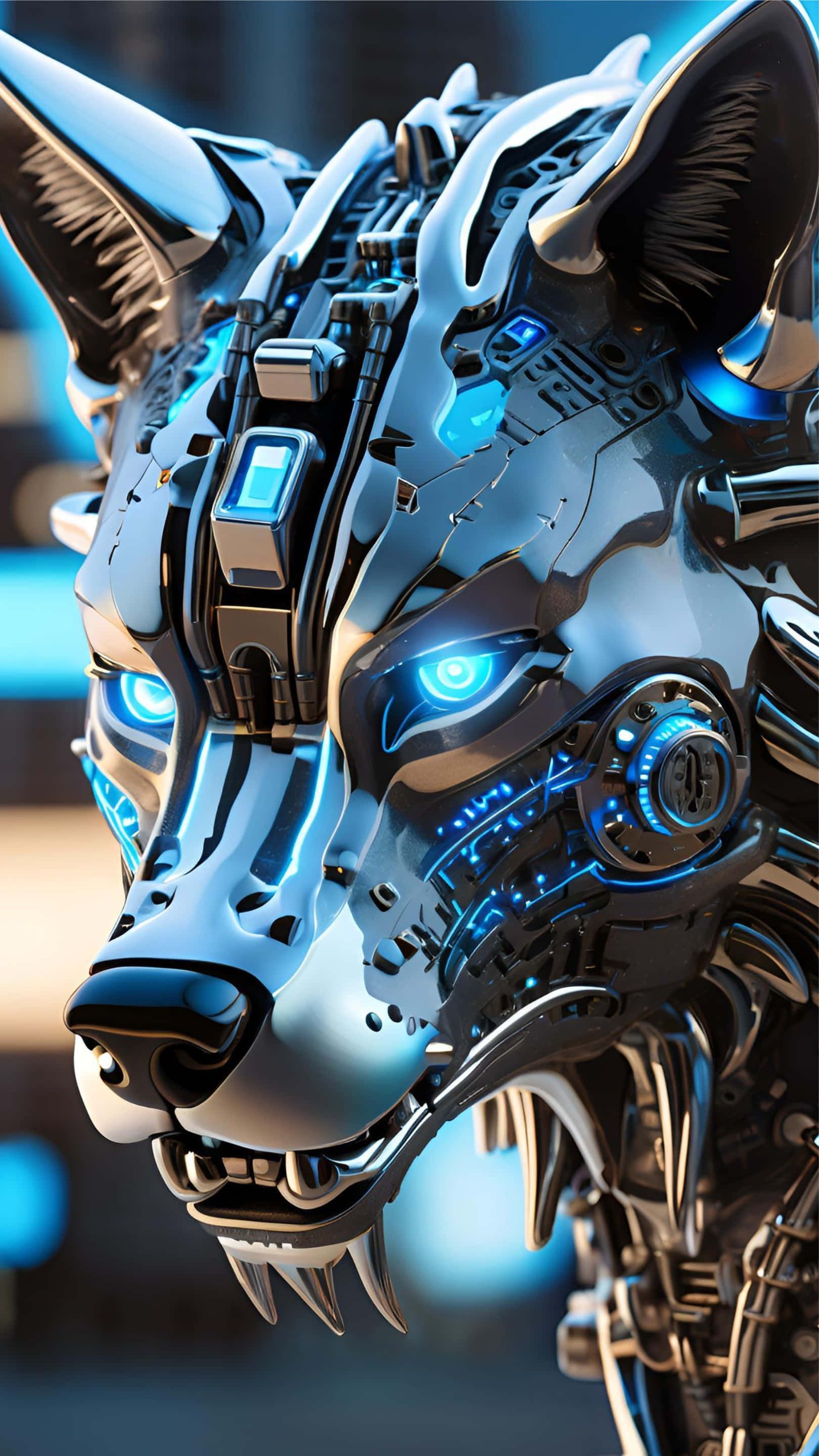 cybernetic wolf head, sleek chrome robotic, glowing blue eyes, 2K Phone Wallpaper