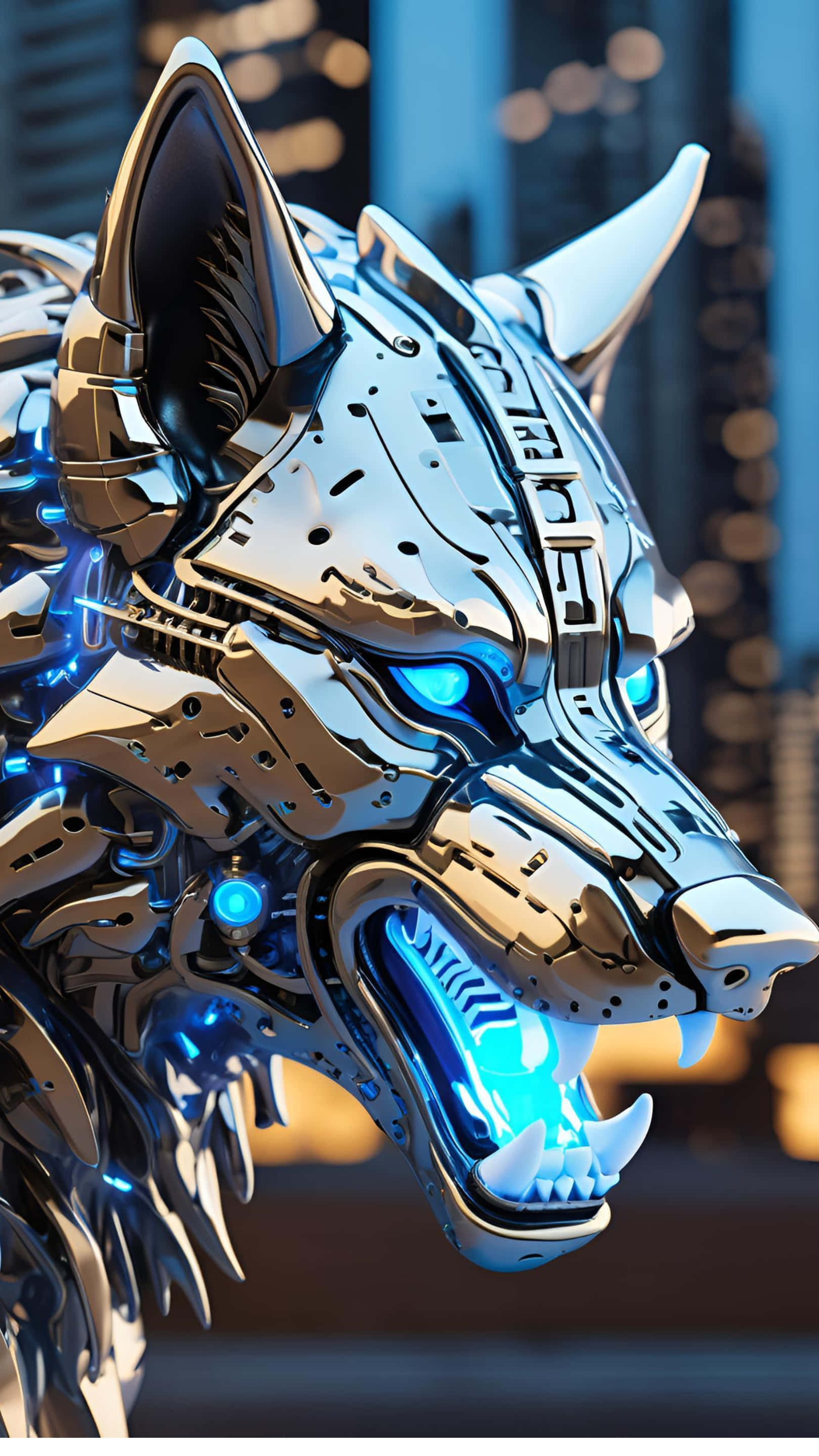 cybernetic wolf head, chrome, glowing blue eyes, 2K Phone Wallpaper