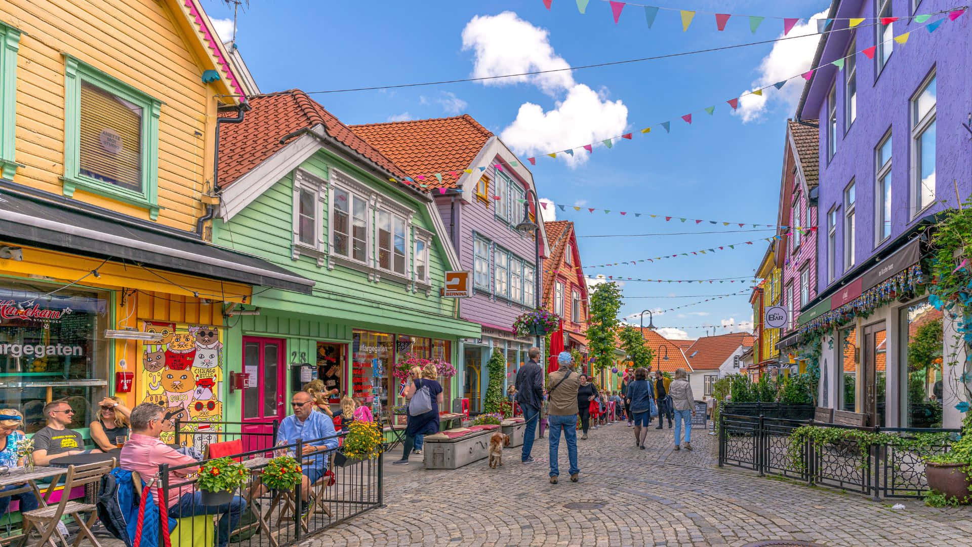 Stavanger, colorful wooden houses, cobblestone street, Full HD Desktop Wallpaper