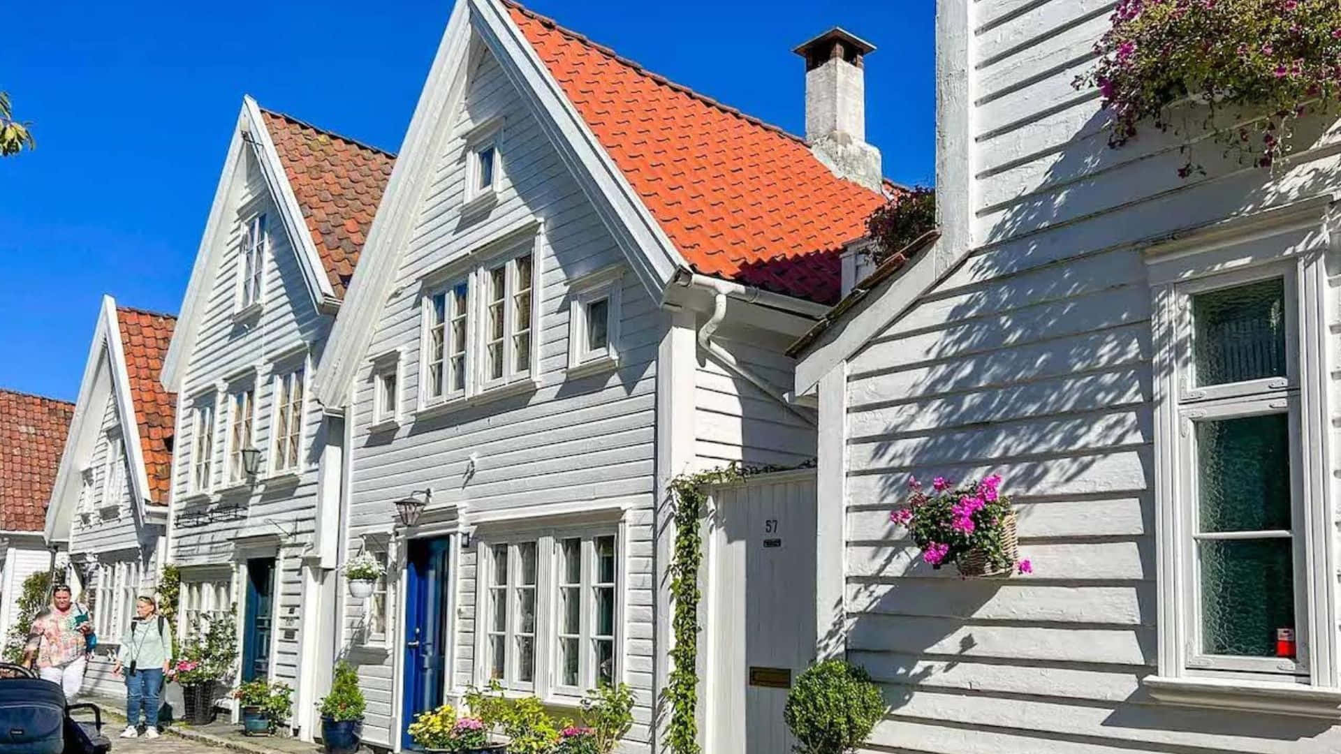 Stavanger, white wooden houses, red tiled roofs, Full HD Desktop Wallpaper