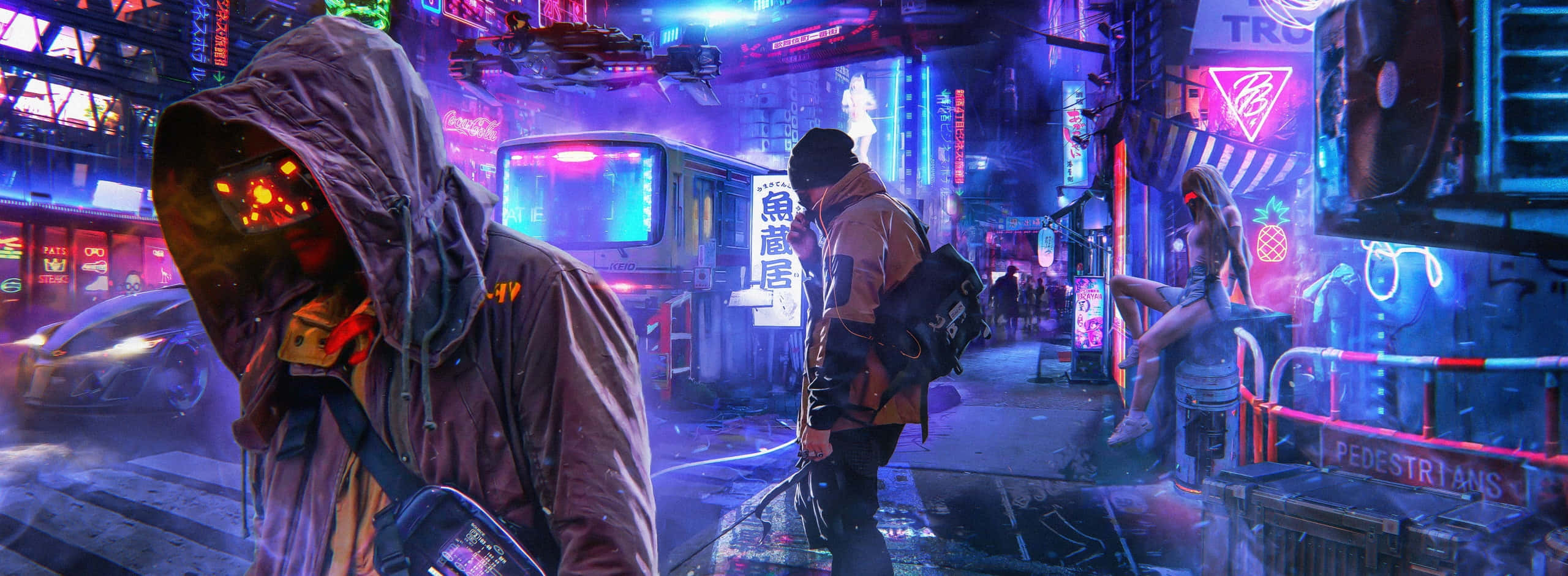 cyberpunk street, neon-drenched, hooded figures, 2K Desktop Wallpaper