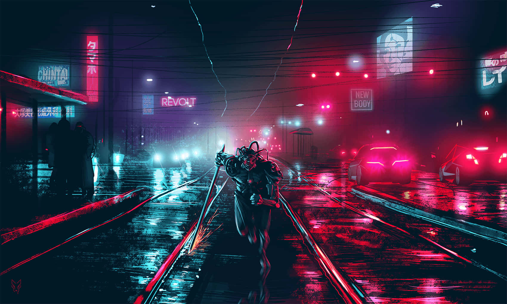 cyberpunk figure, neon-lit streets, glowing red and blue reflections, HD Desktop Wallpaper