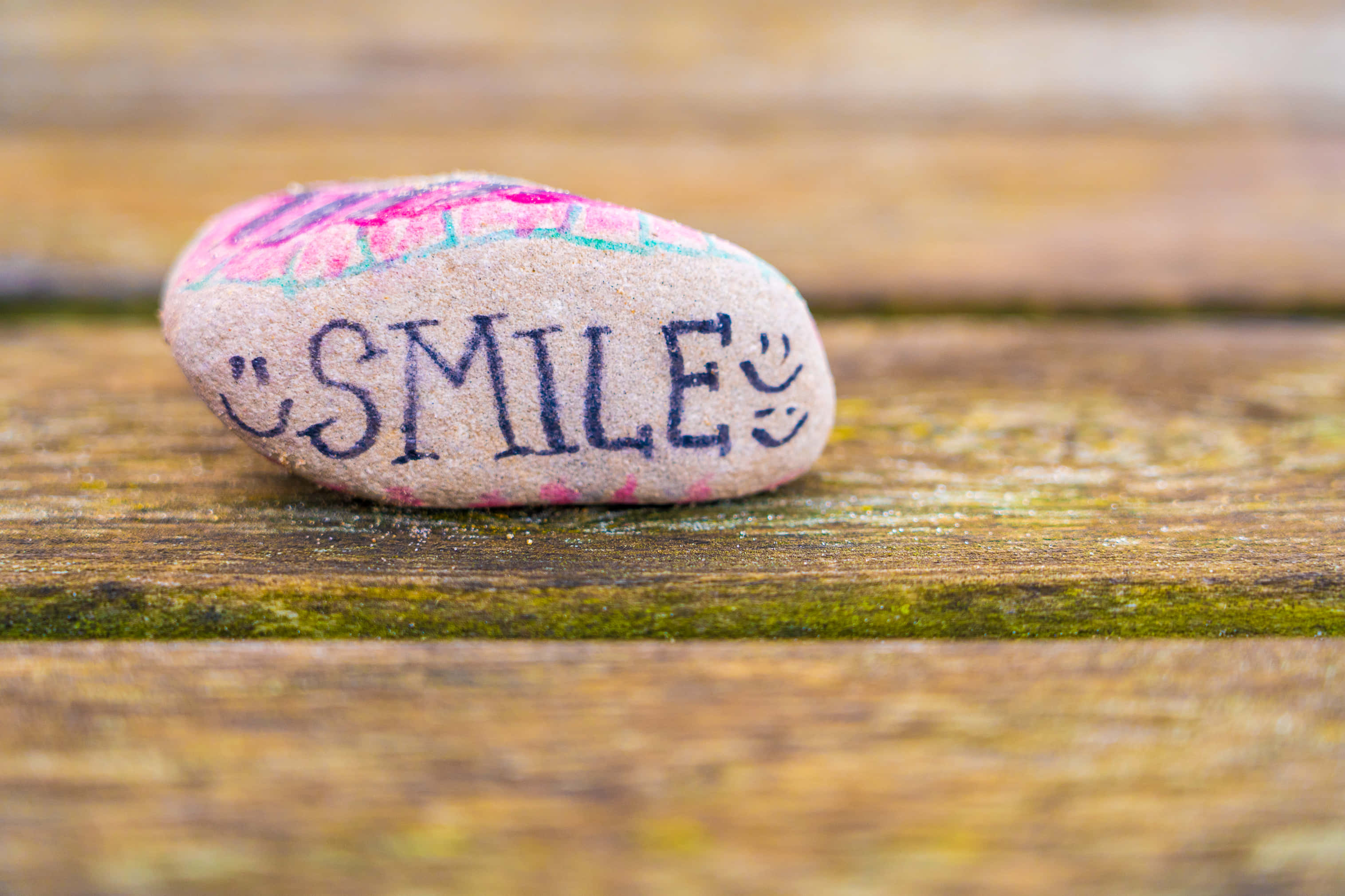 SMILE, smiley faces, mossy wooden surface, 2K Desktop Wallpaper