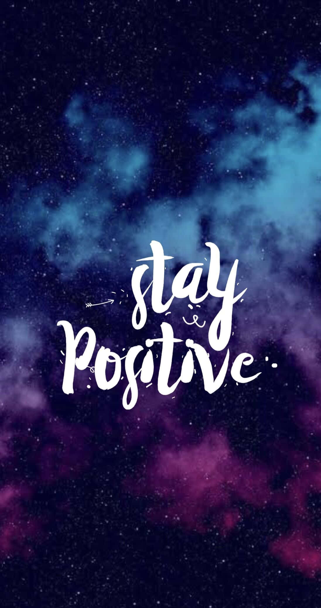 cosmic nebula, swirling purples and blues, white cursive phrase 'stay positive', Full HD Phone Wallpaper