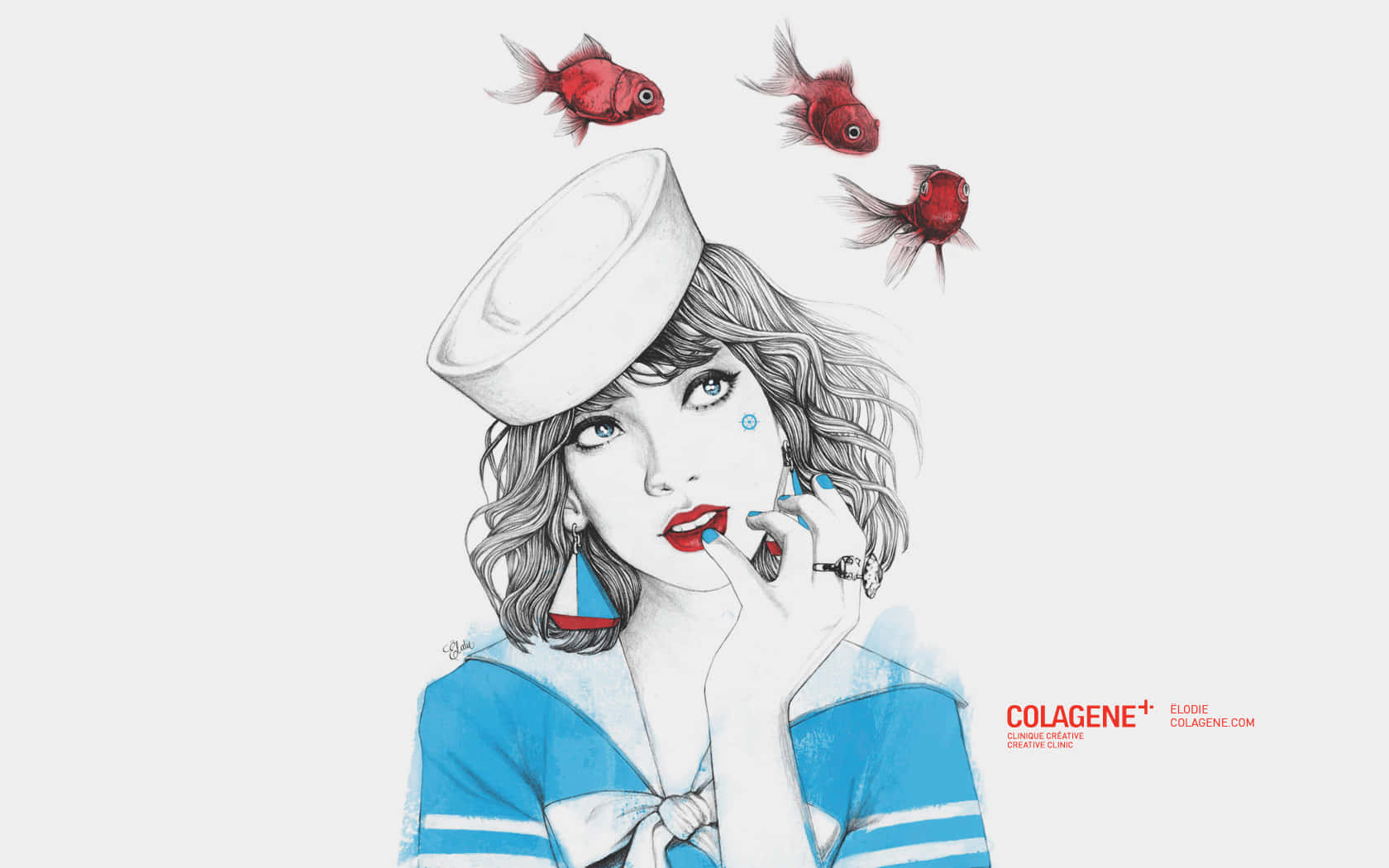 sailor girl, red lips, goldfish, HD Desktop Wallpaper
