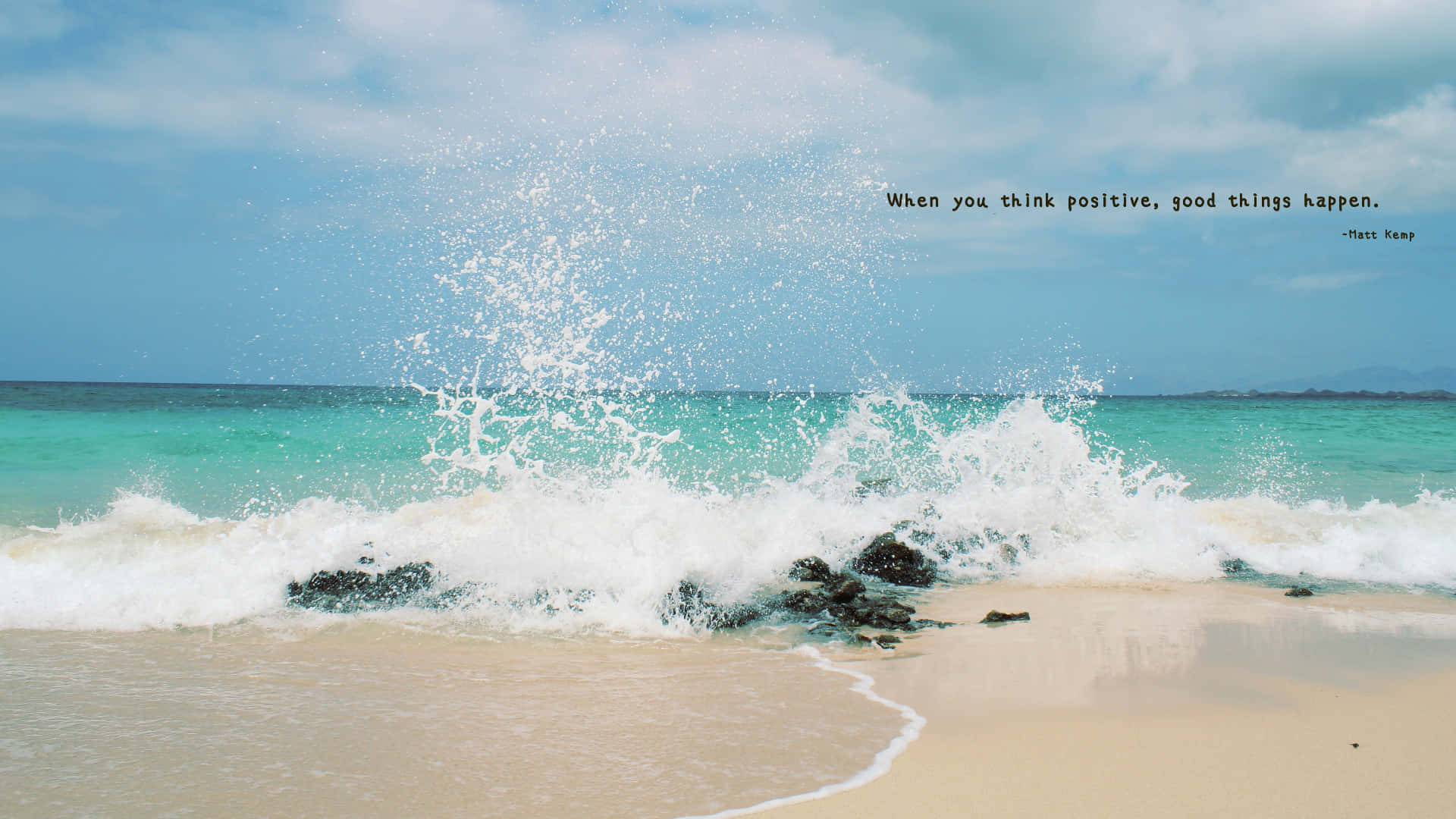 turquoise wave, dark rocks, sandy beach, Full HD Desktop Wallpaper