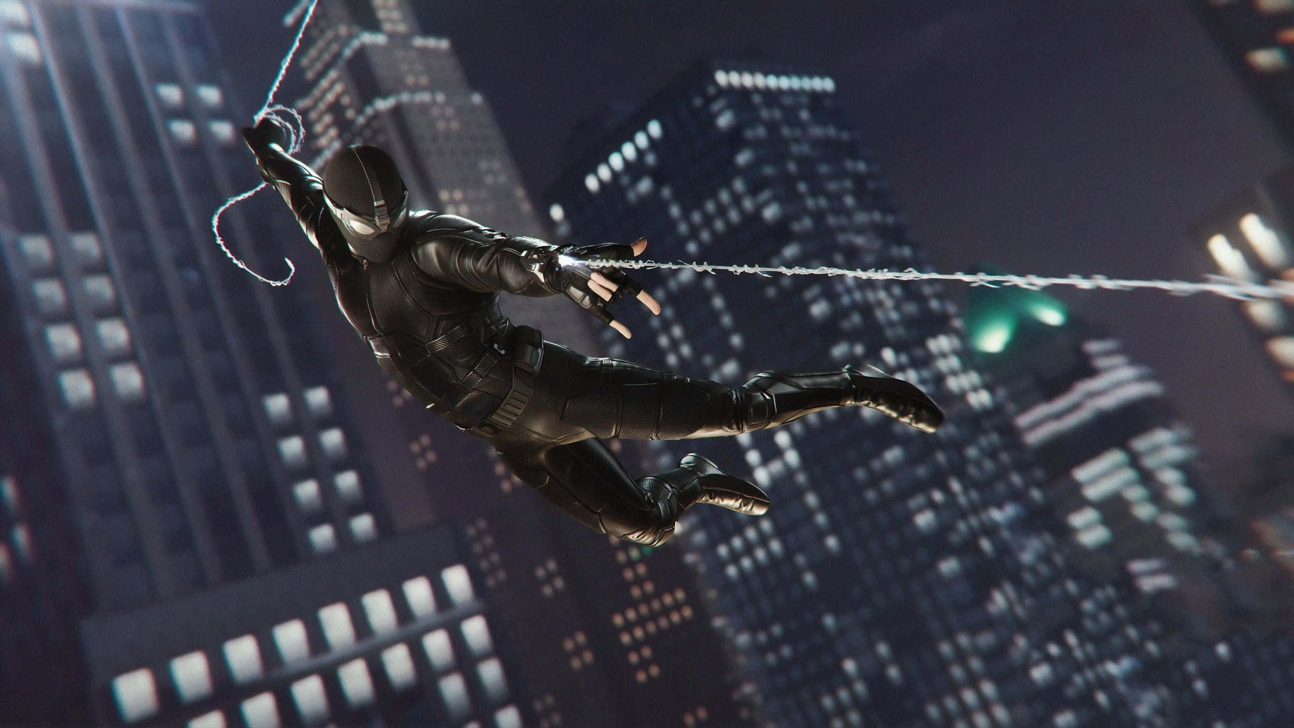 black-suited spider hero, neon-lit cityscape, skyscrapers glowing, 2K Desktop Wallpaper