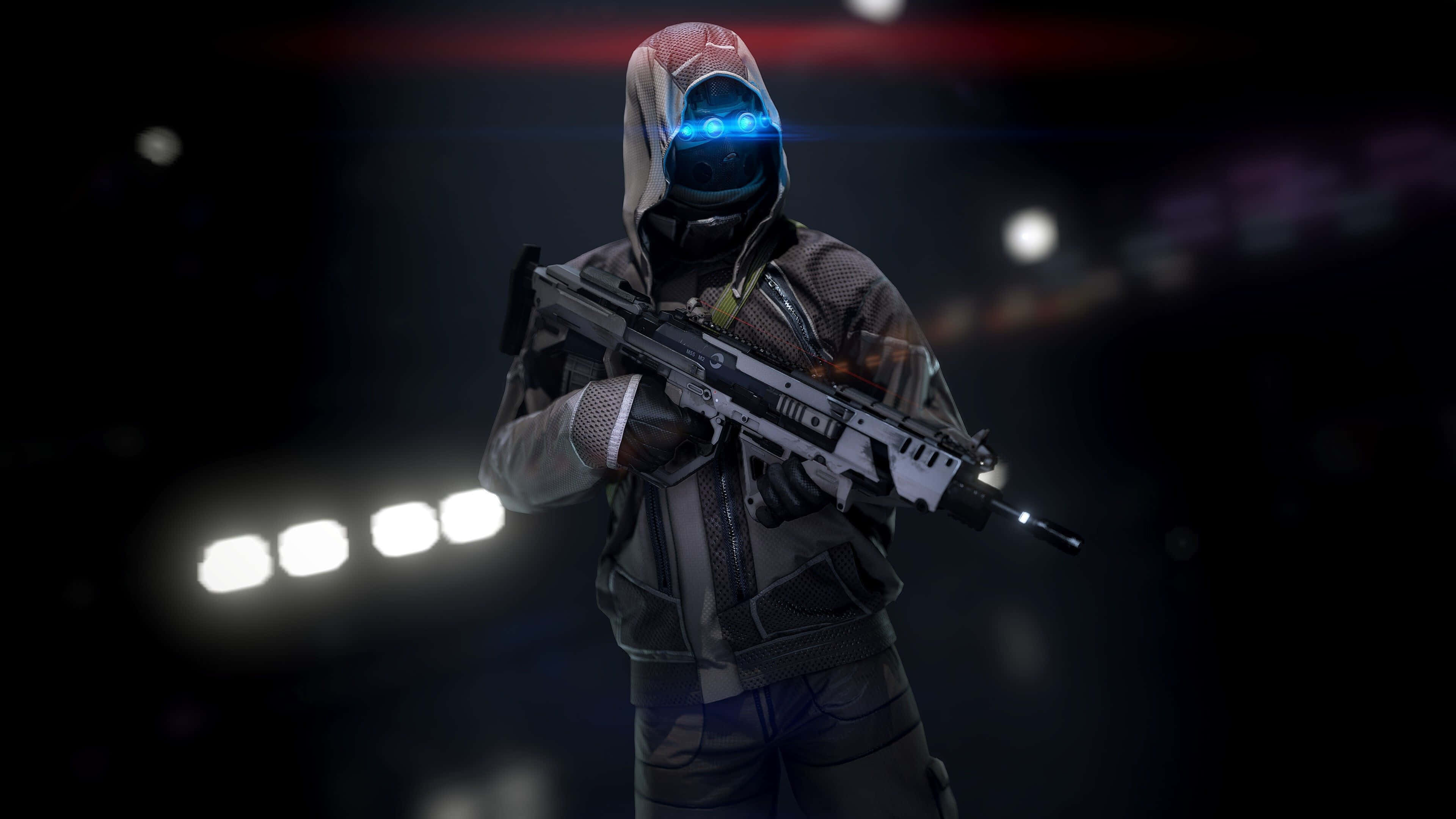 Stealth Games, hooded figure, glowing blue eyes, 4K Desktop Wallpaper